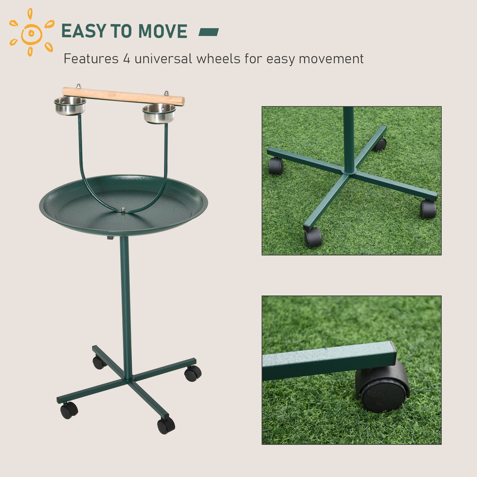 Bird Perch Stand with Four Wheels, Feeding Bowls, for Small, Medium Birds, Green
