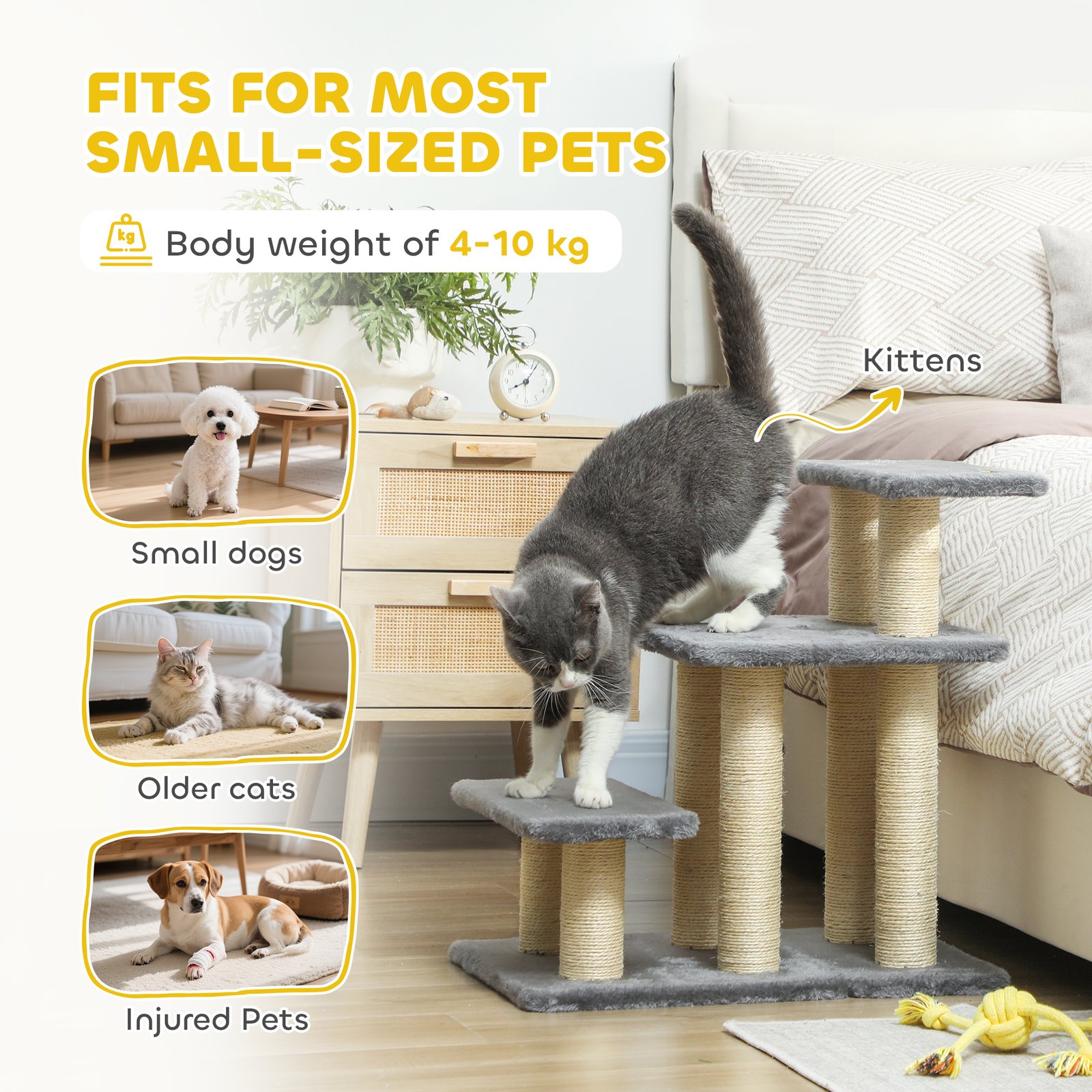 Dog Steps for Bed, 3 Step Adjustable Pet Stairs for Sofa with 6 Sisal Scratching Posts for Small Dogs & Cats, Grey