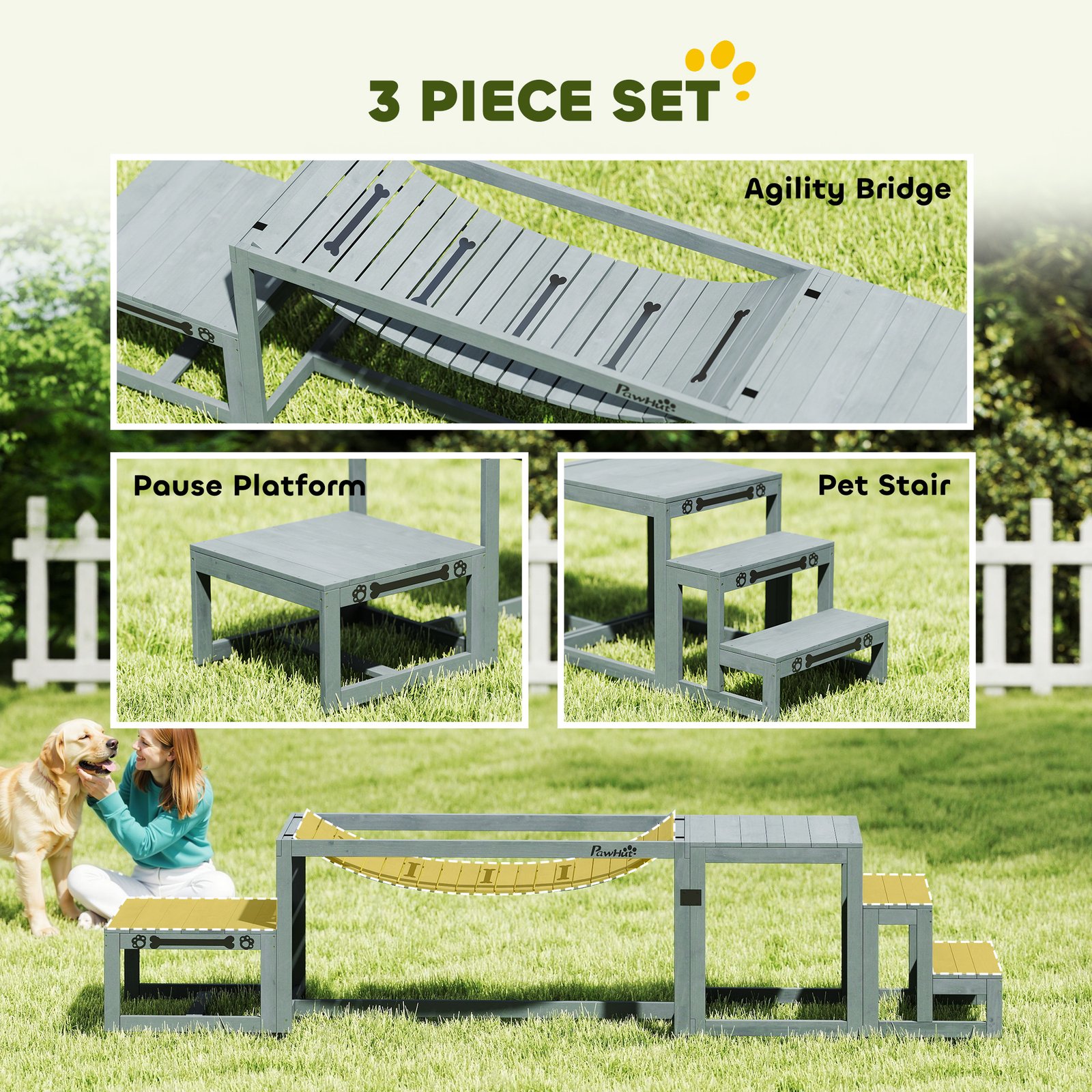 3 Pieces Wooden Dog Agility Training Equipment with Soft Bridge, Pause Platform and Pet Stair for Outdoor, Grey