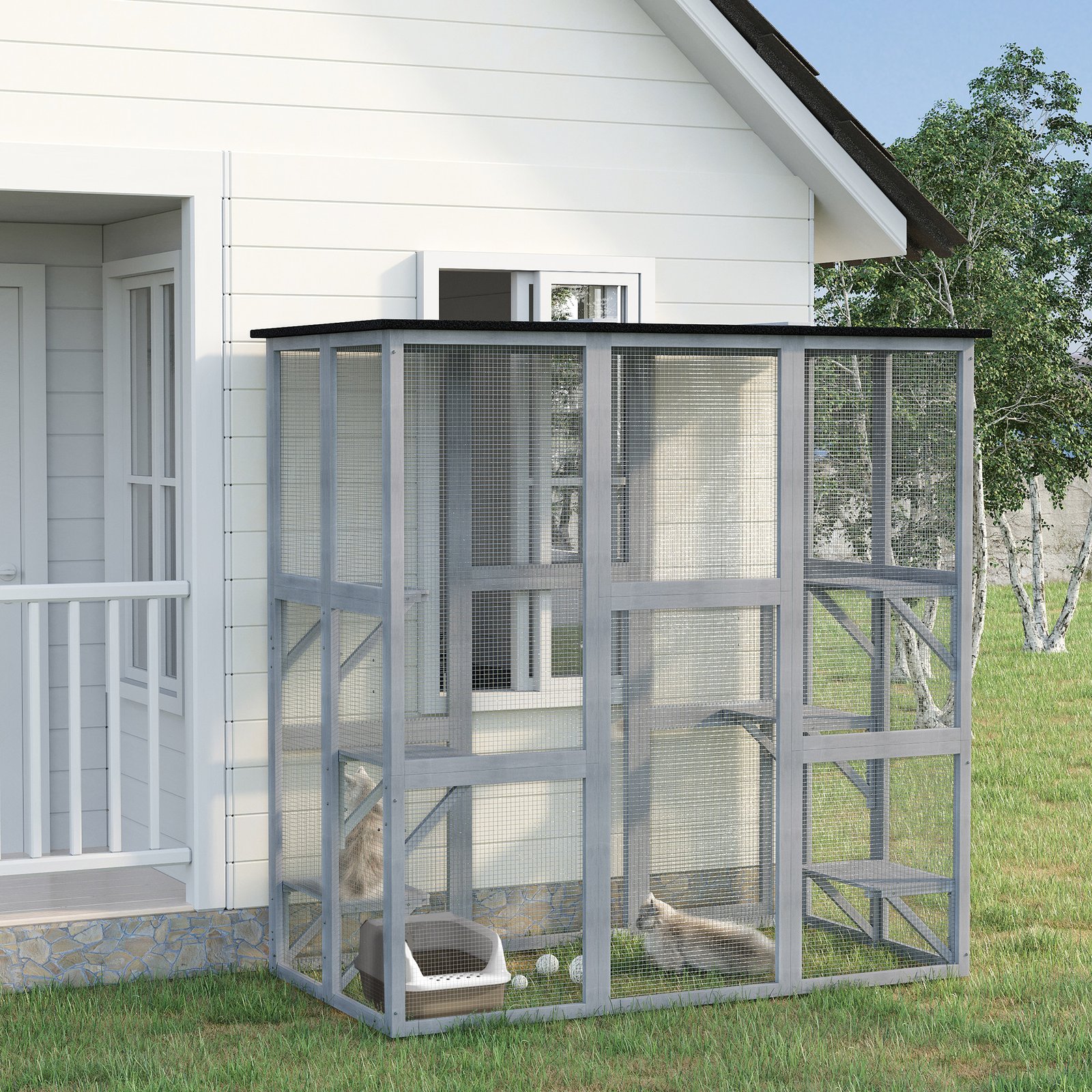 Wooden Catio Cat Outdoor Enclosure, Cat Cage with Waterproof Roof, Platforms, for Multiple Kittens, 180 x 98 x 180 cm - Image 9