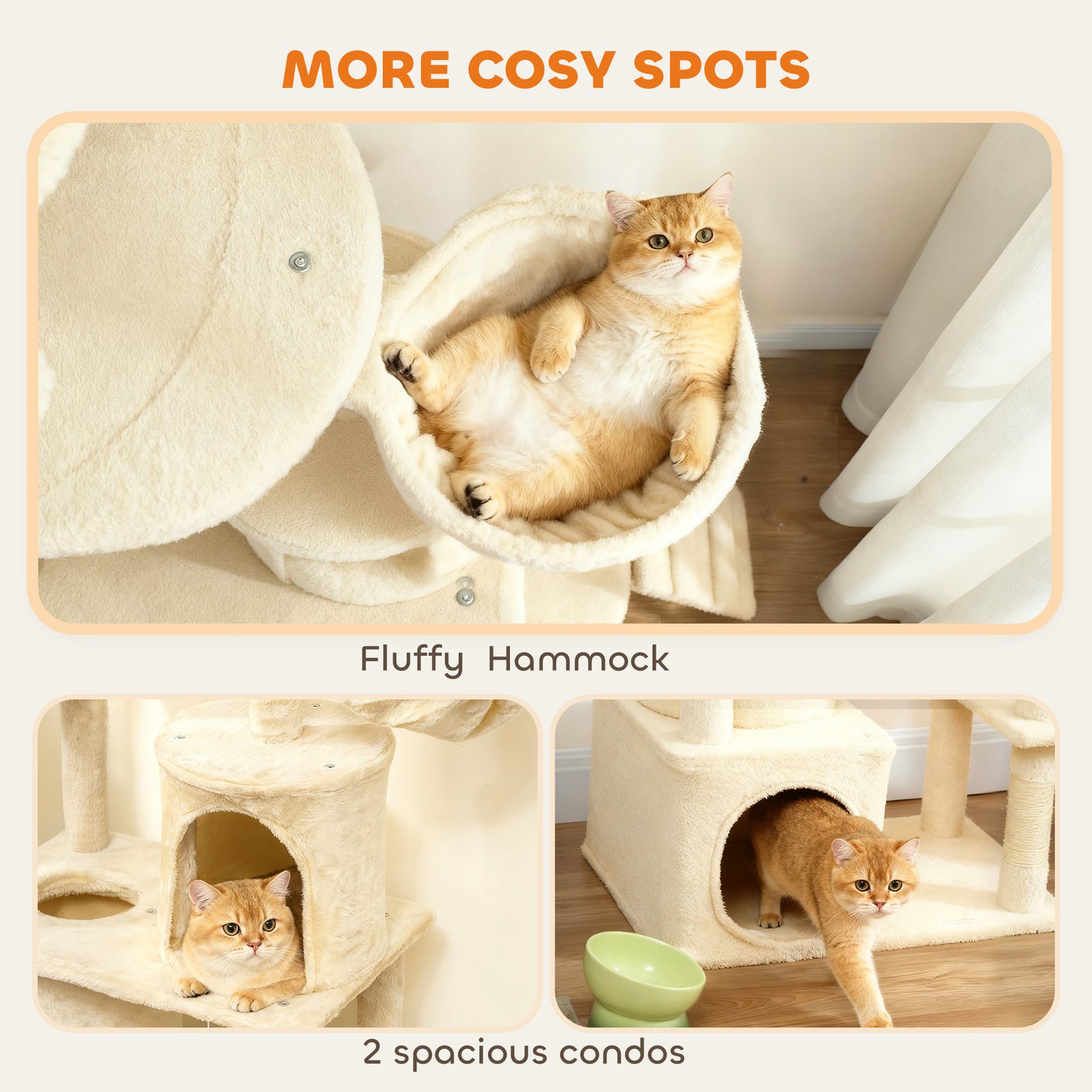 170 cm Large Cat Tree, Cat Tower with 7 Scratching Posts, Tunnel, 2 Condos, Hammock, Perch, Ramp, Pompoms, Beige - Image 7
