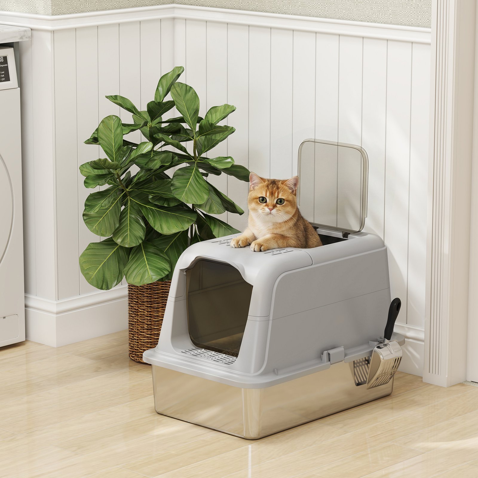 Extra Large Stainless Steel Litter Box, Enclosed Cat Litter Tray with Scoop, Deodorizer Bag, Front-Entry and Top-Exit