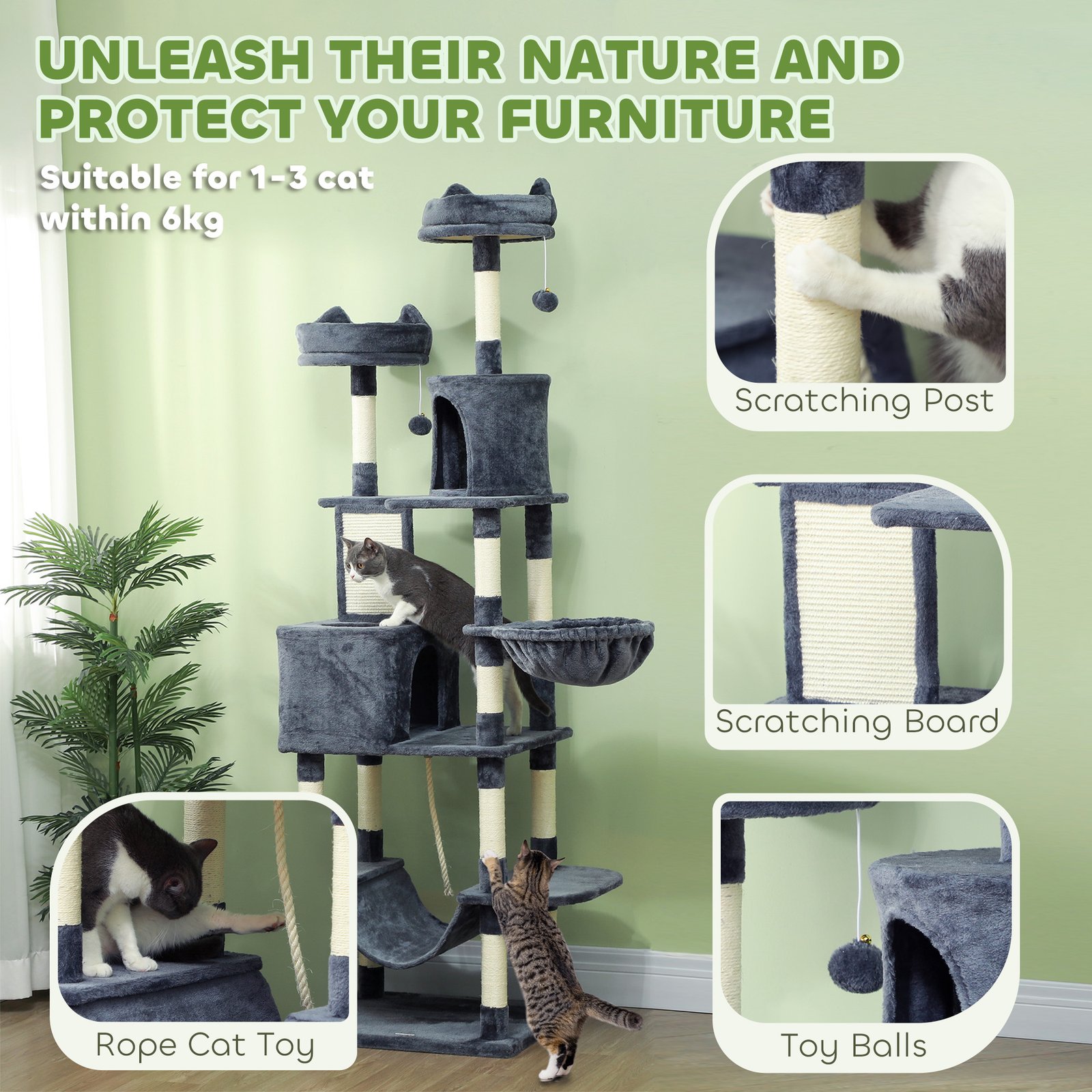 206cm Cat Tree, Multi-Level Cat Tower with Scratching Posts and Board, Beds, Condos, Platforms, Toy Balls, Dark Grey - Image 6