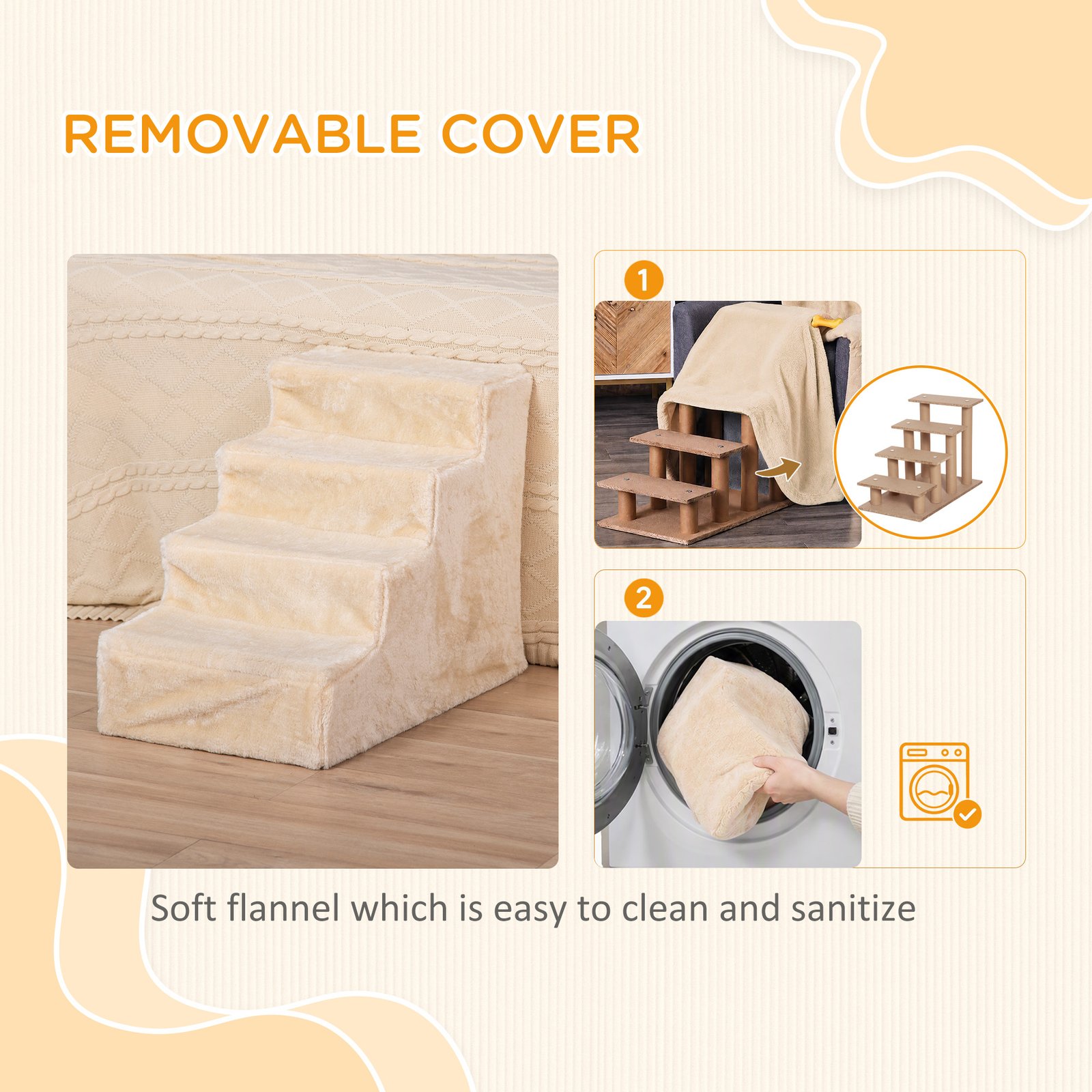 Four-Step Dog Stairs, with Washable Plush Cover, for High Bed Sofa, Dog Stairs for Small Dog and Cat - Beige