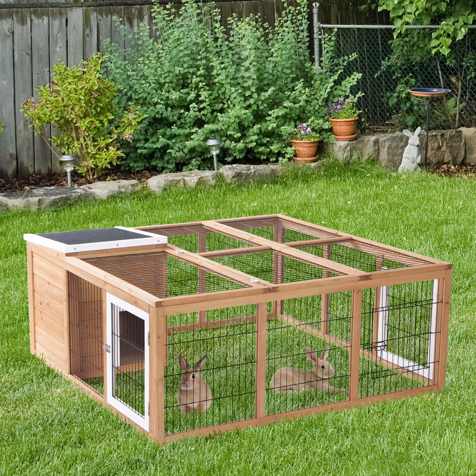 Rabbit Hutch Outdoor, Guinea Pig House, Bunny Run Cage with Openable Top for 1–2 Rabbits, 123 x 120 x 52cm, Yellow - Image 9