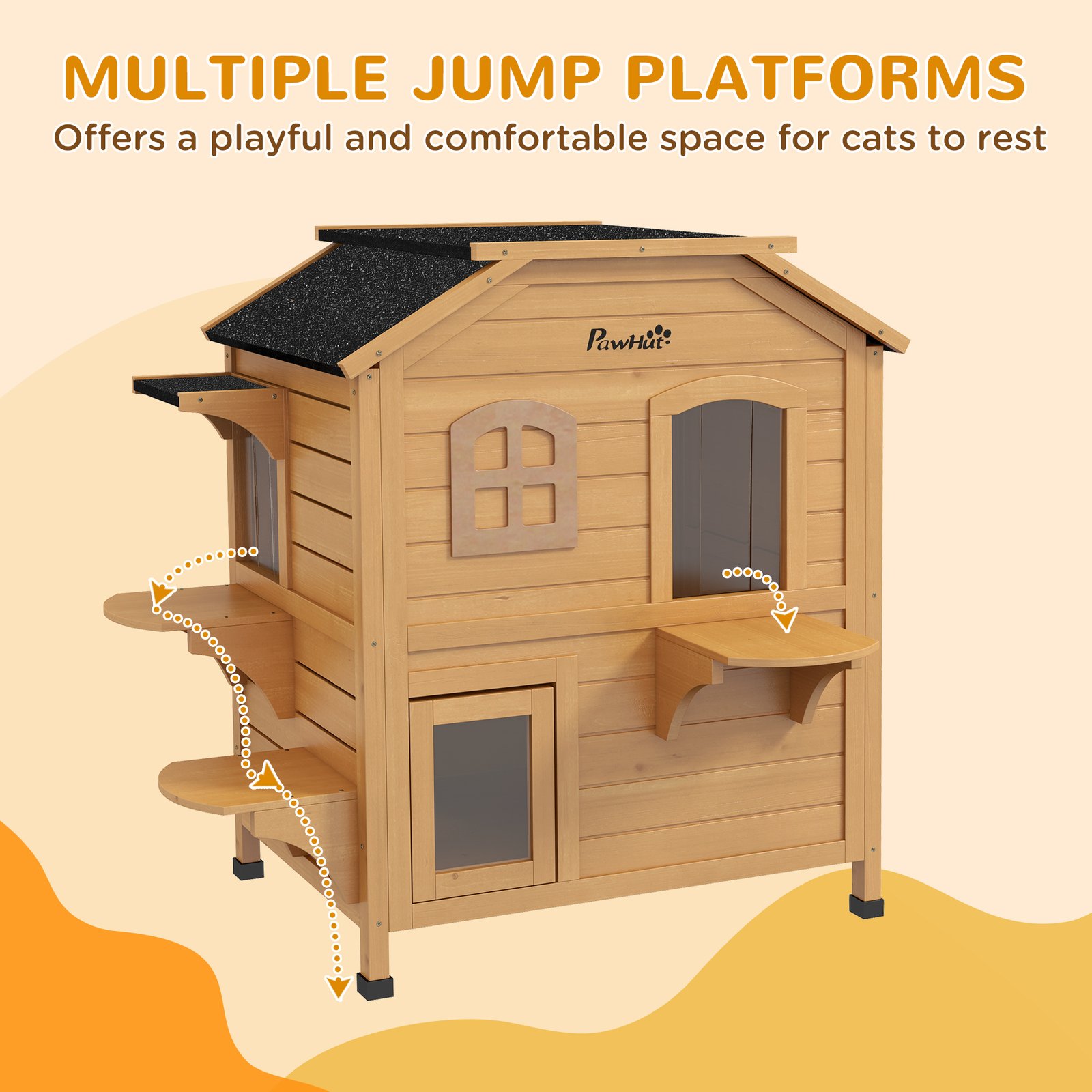  2-story Cat House Outdoor, Weatherproof Wooden Cat Enclosure with Openable Roof, Jumping Platforms, Natural Wood Finish