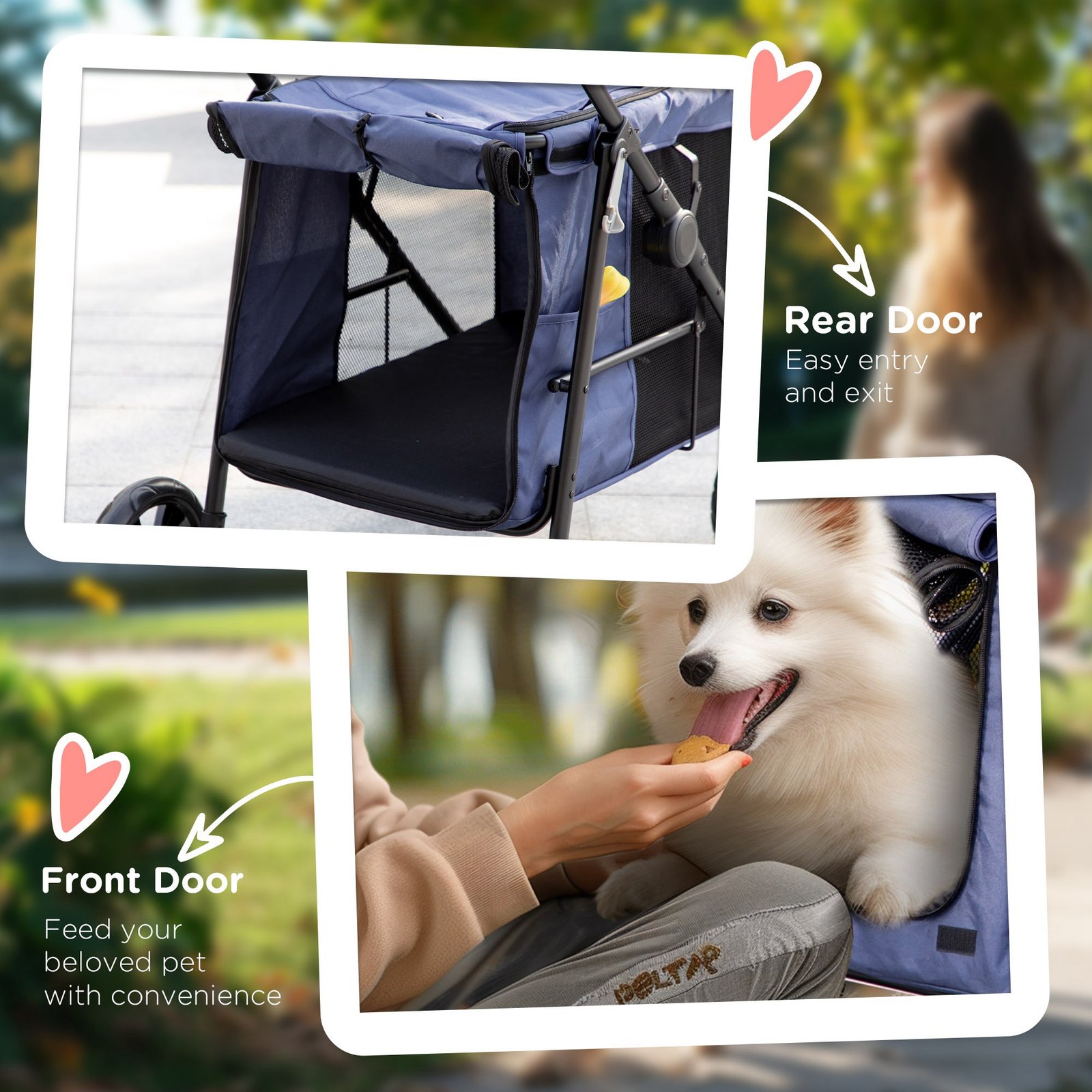 Dog Pram Dog Stroller 4 Wheels Pet Pushchair with Rolling Door, Cushion, Safety Leashes, for Small and Medium Breeds, Dark Blue