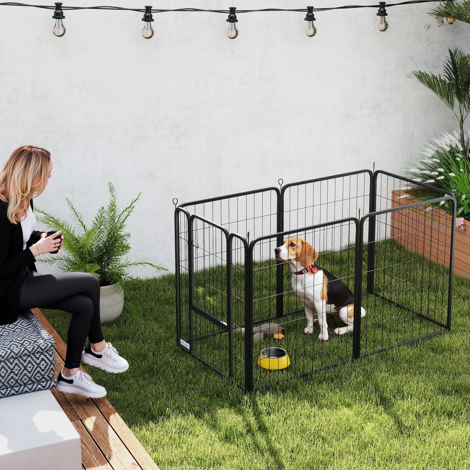 Six-Panel Dog Playpen with Door, for Medium Dogs, Indoors, Outdoors, 80cm Tall, Black