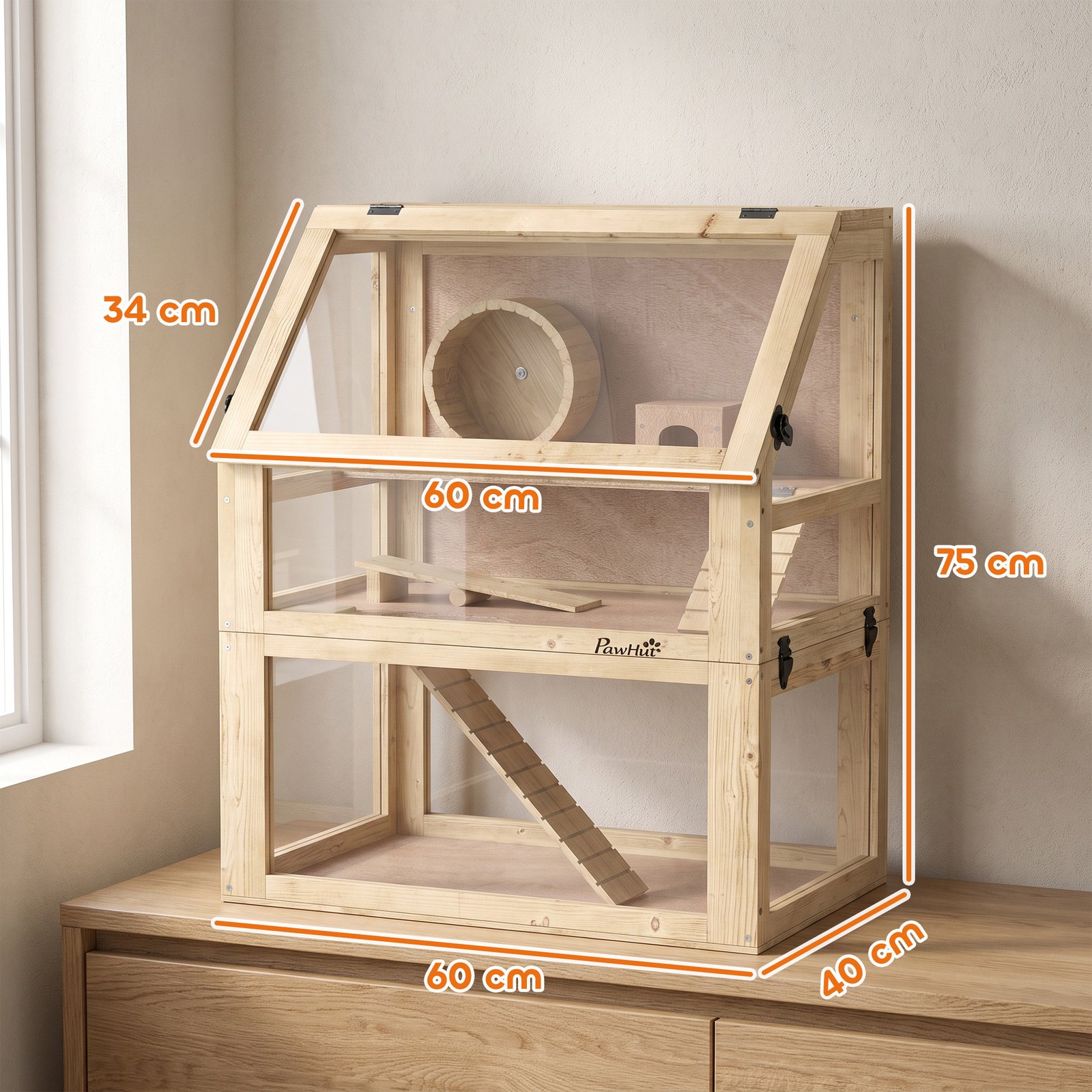 Wooden Hamster Cage with Detachable 32cm Deep Bottom, Hut, Seesaw, Exercise Wheel, Ramp, 60 x 40 x 75cm, Natural