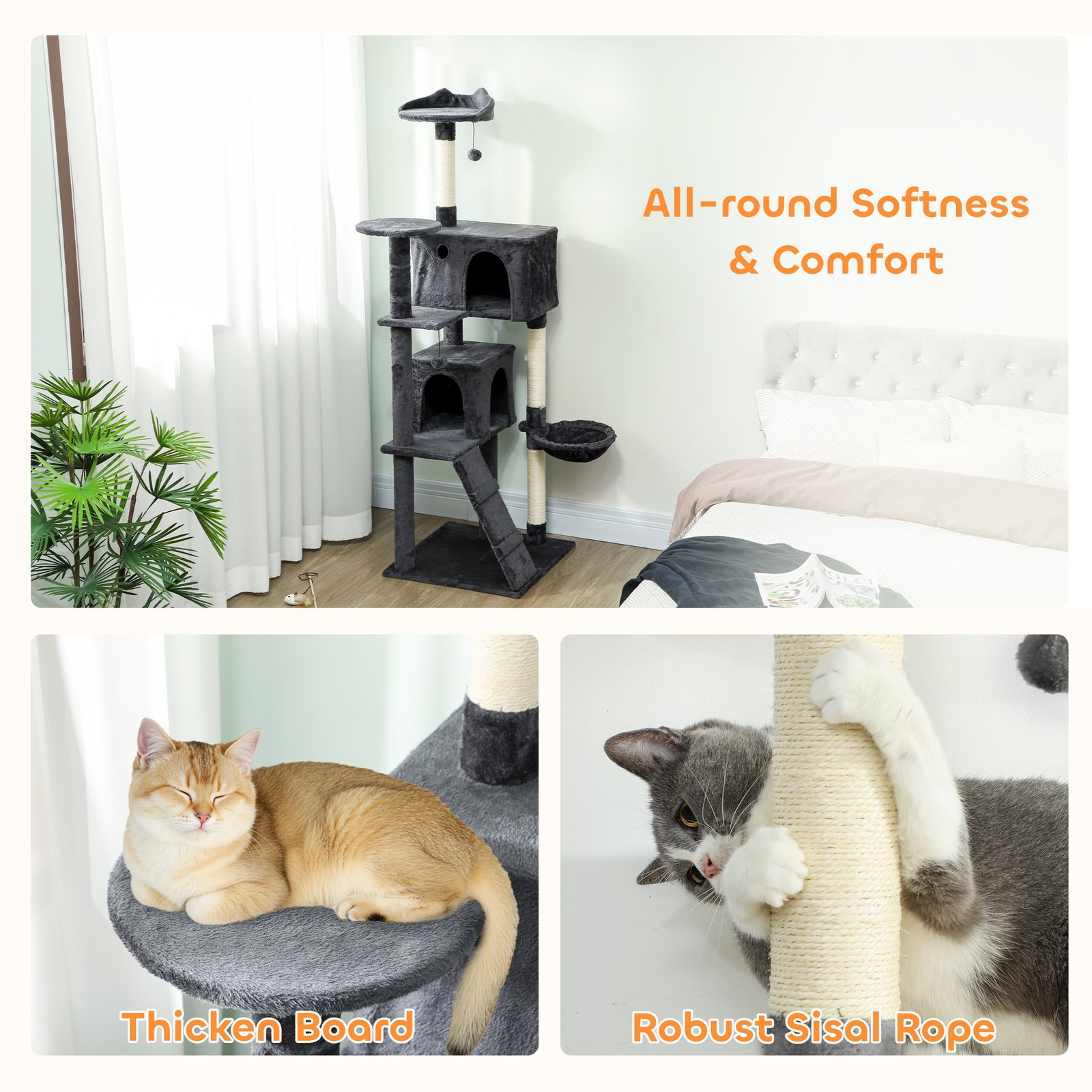 180cm Large Cat Tree Tower with Sisal Scratching Posts, Condos, Plush Perches, Hammock, Ladder, Dark Grey