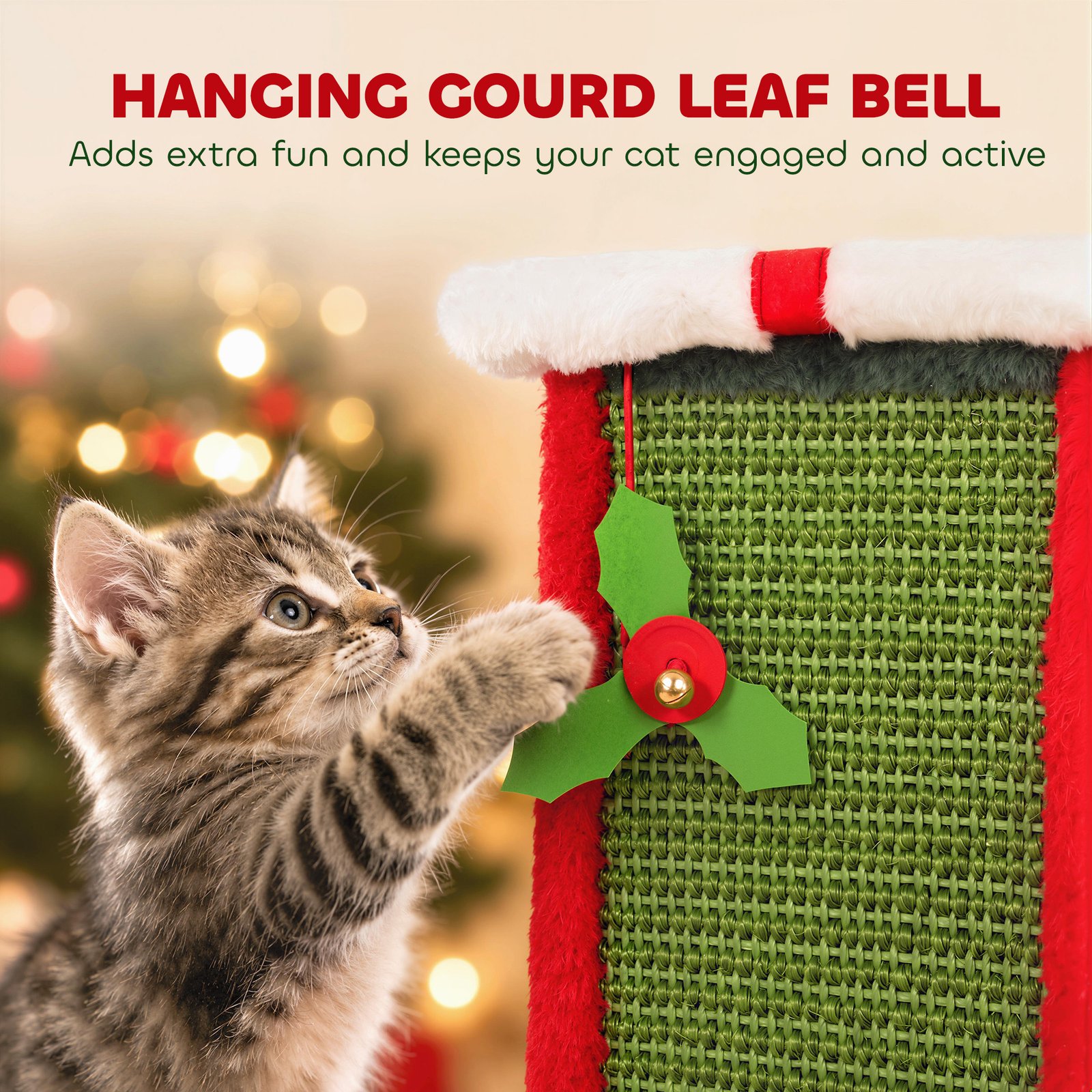 Cat Scratching Post for Indoor Cats, 81cm Tall Cat Scratcher with Sisal Rope, Hanging Bell Toy, Stable Base, Green & Red