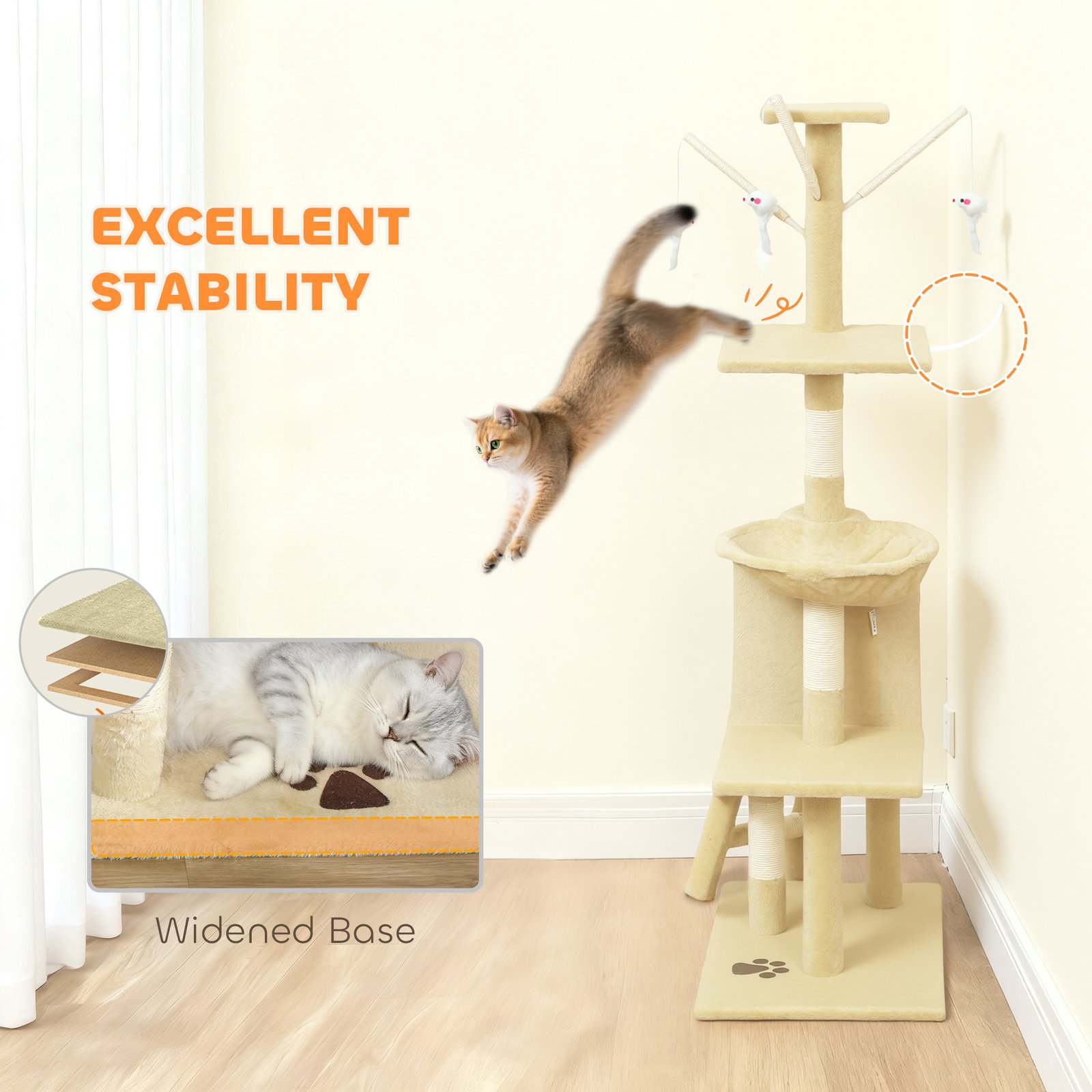 Multi-Level Cat Tower, 134cm Cat Tree with Condo and Sisal Scratching Posts for Indoor Kittens, Beige - Image 6