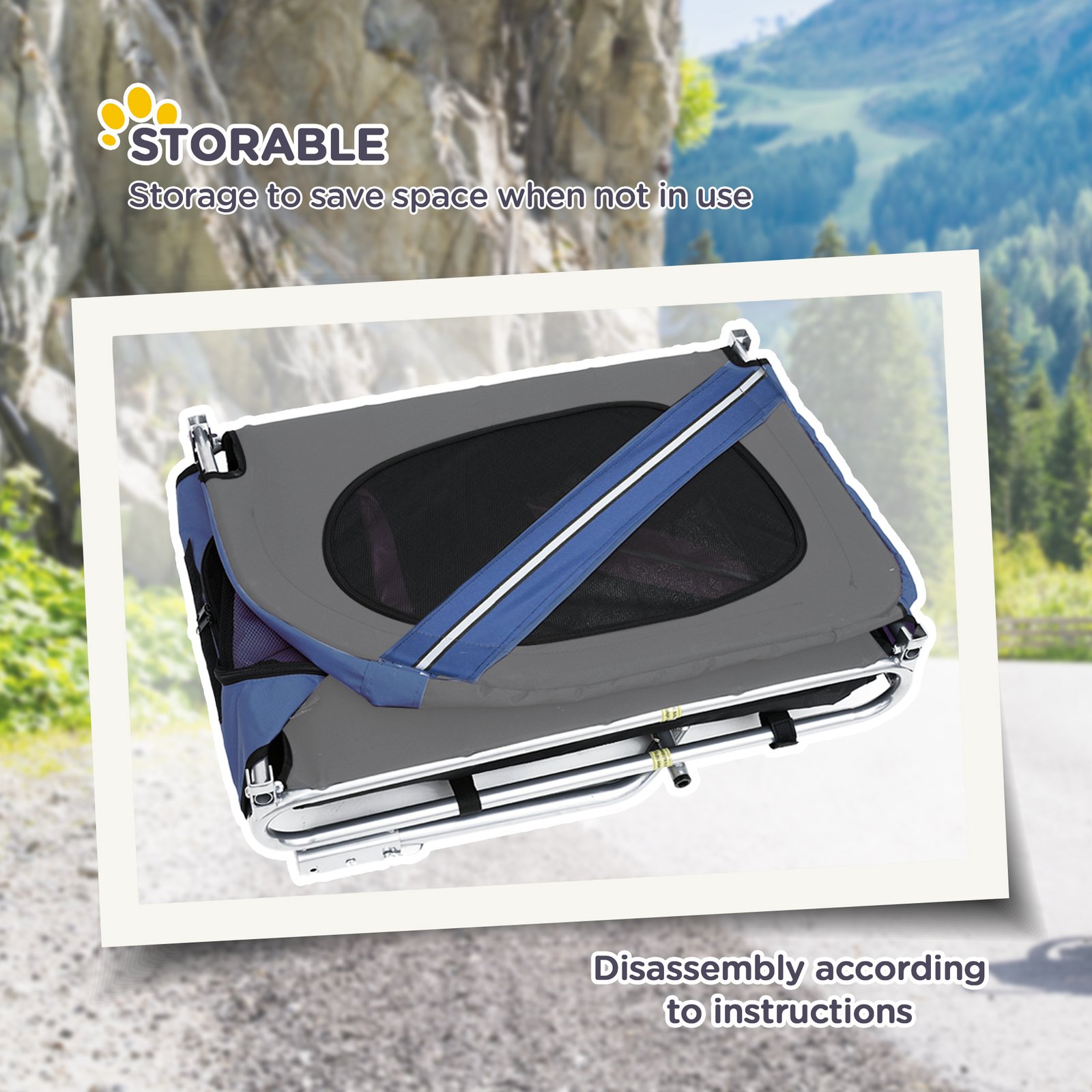 Folding Dog Bike Trailer Pet Cart Carrier for Bicycle Travel in Steel Frame with Hitch Coupler - Blue & Grey