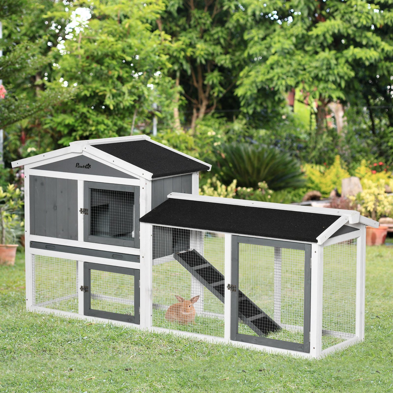 Rabbit Hutch Outdoor, 2-Tier Guinea Pig Hutch, Wooden Small Animal House with Rabbit Run Box, Slide-out Tray, Ramp, 175.8 x 52 x 85.5 cm, White
