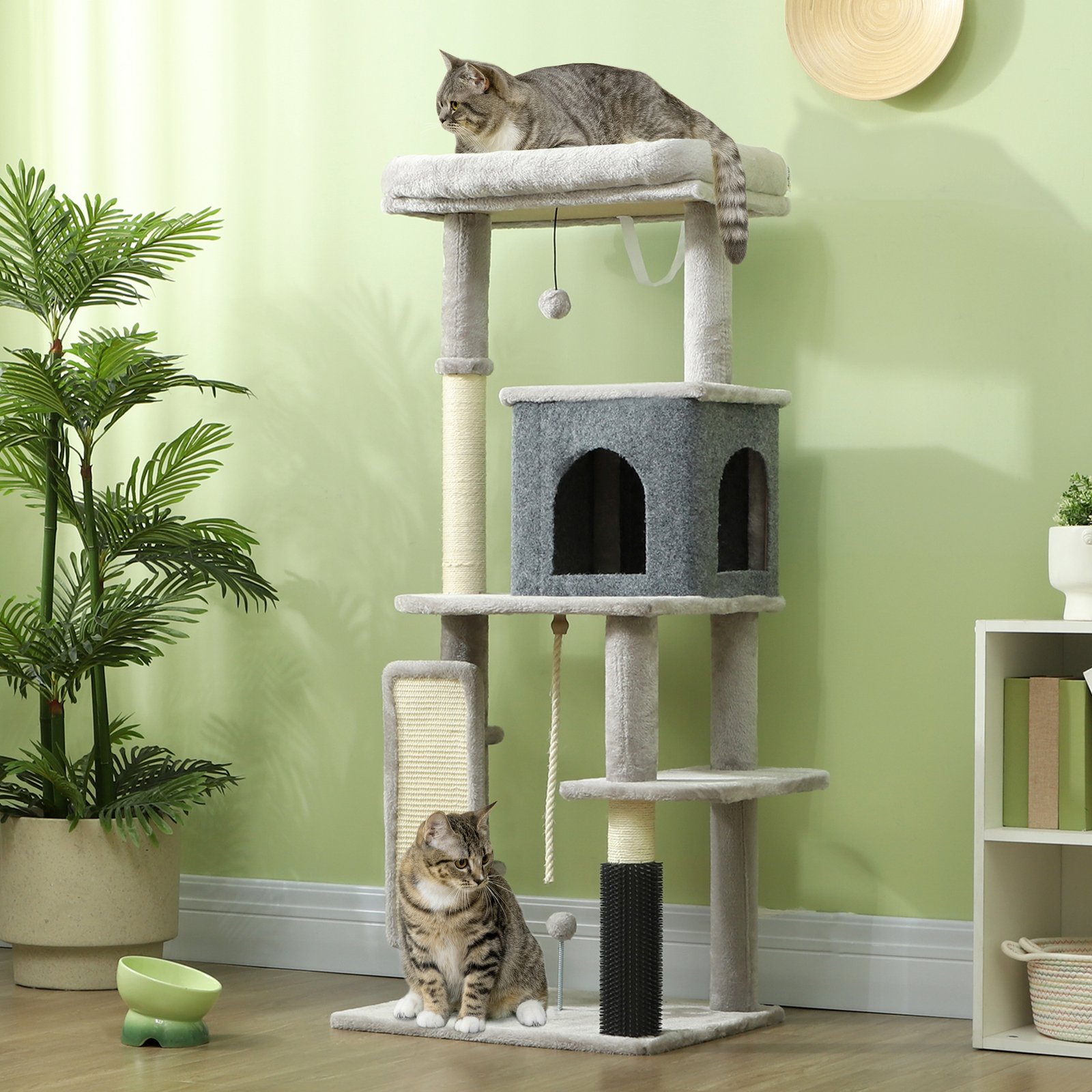 132cm Cat Tree w/ Scratching Posts, Pad, Cat Bed, Cat House, Jumping Platform, Grooming Brush, Anti-Tip Kit, Light Grey - Image 9