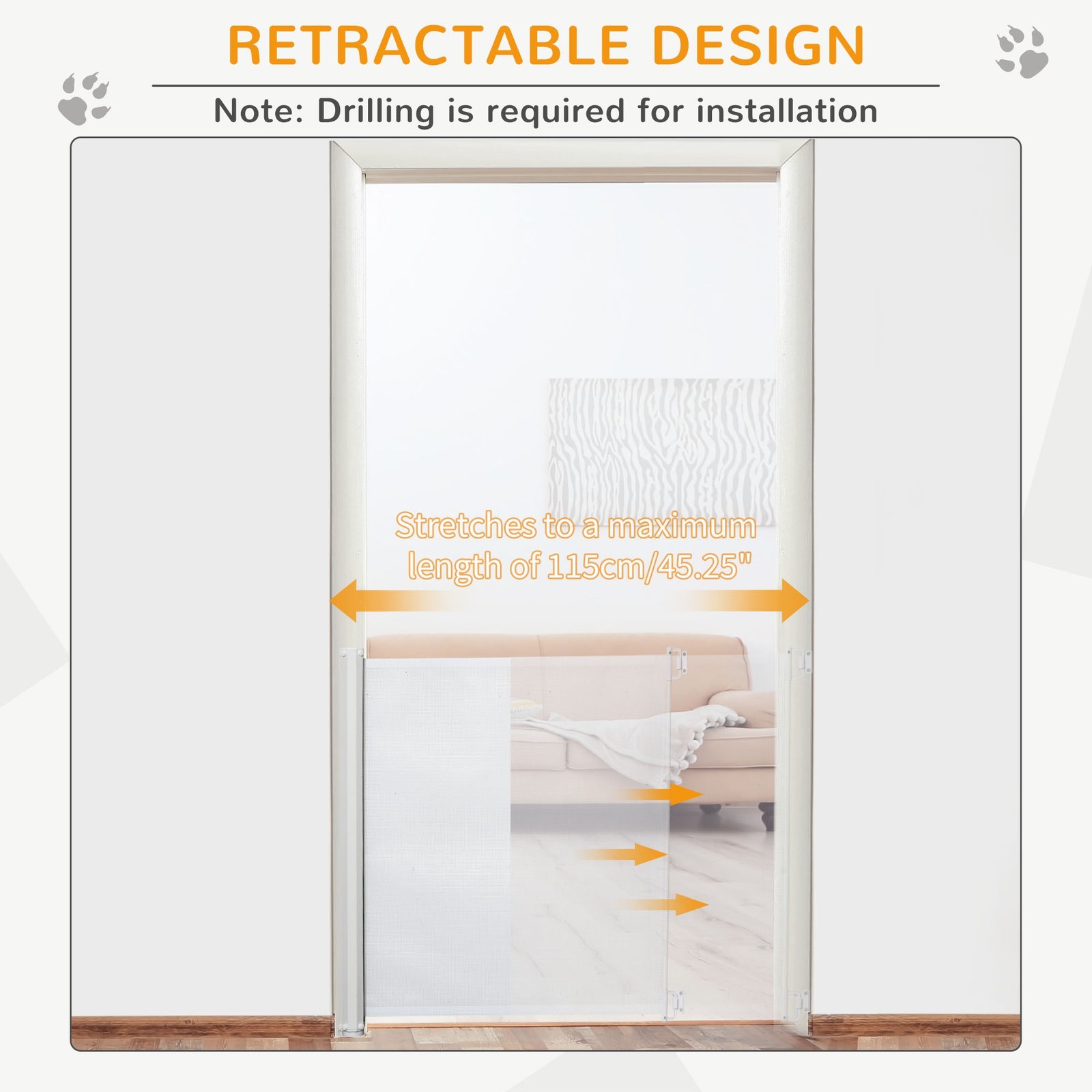 Retractable Stair Gate, Dog Pet Barrier, for Doorway, Staircase, Hallway - White
