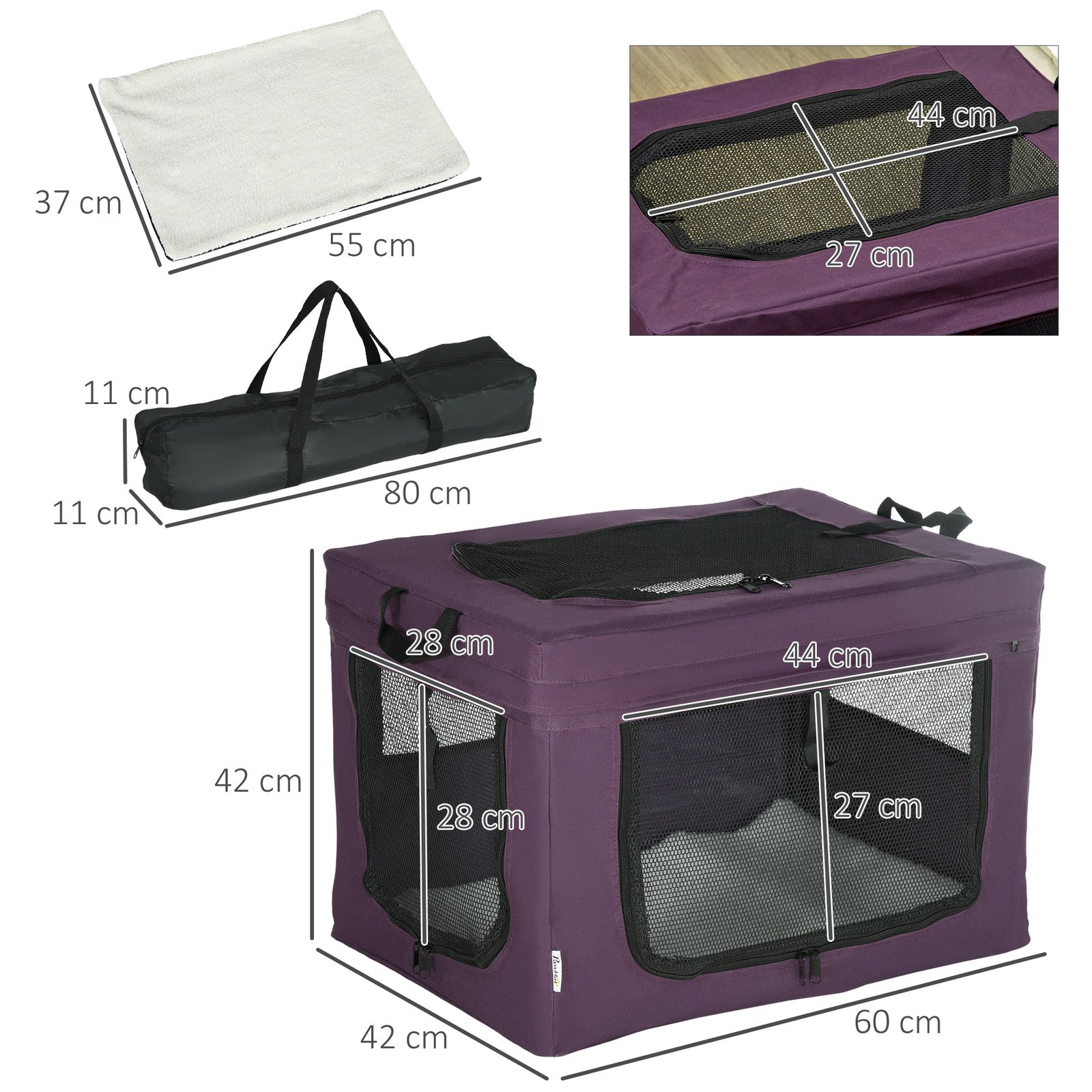 60cm Pet Carrier, with Cushion, for Miniature Dogs - Purple
