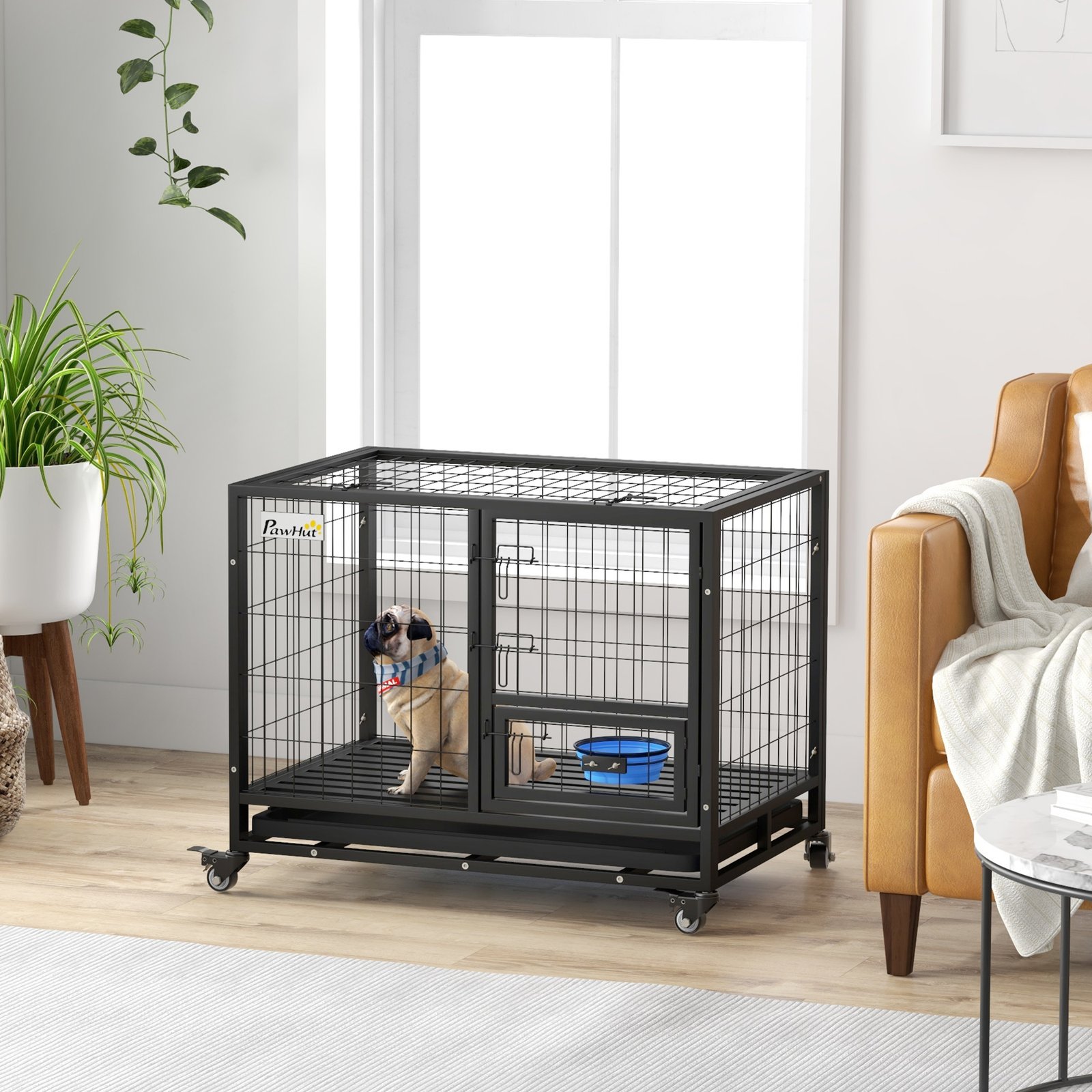 Heavy Duty Dog Crate on Wheels w/ Bowl Holder, Removable Tray, Openable Top, Detachable Door, for M, L Dogs - Image 9