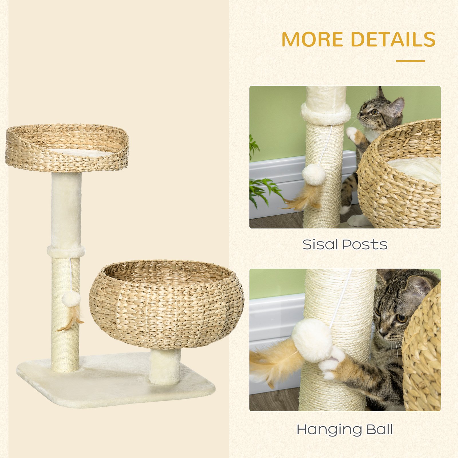 72cm Cat Tree Kitten Tower, with Sisal Scratching Post, Two Beds, Toy Ball - Image 5