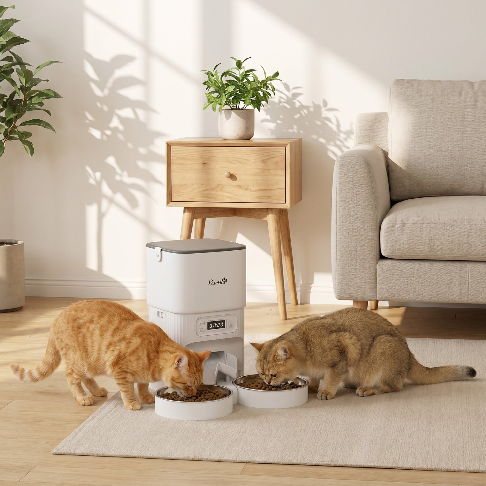 Automatic Cat Feeder Timed Portion Control Pet Food Dispenser with 2 Stainless Steel Bowls