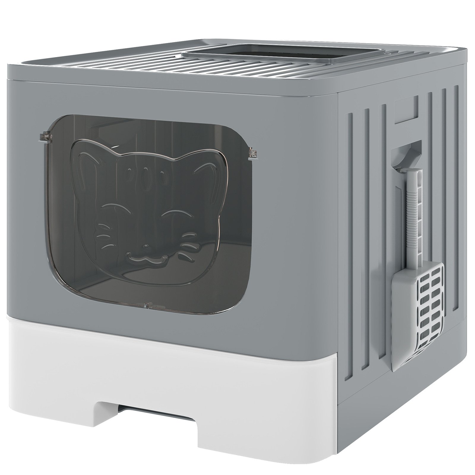 Cat Litter Box with Lid, Slide-Out Drawer, Scoop, Easy Clean, Odour Control, Anti-Splashing, Grey