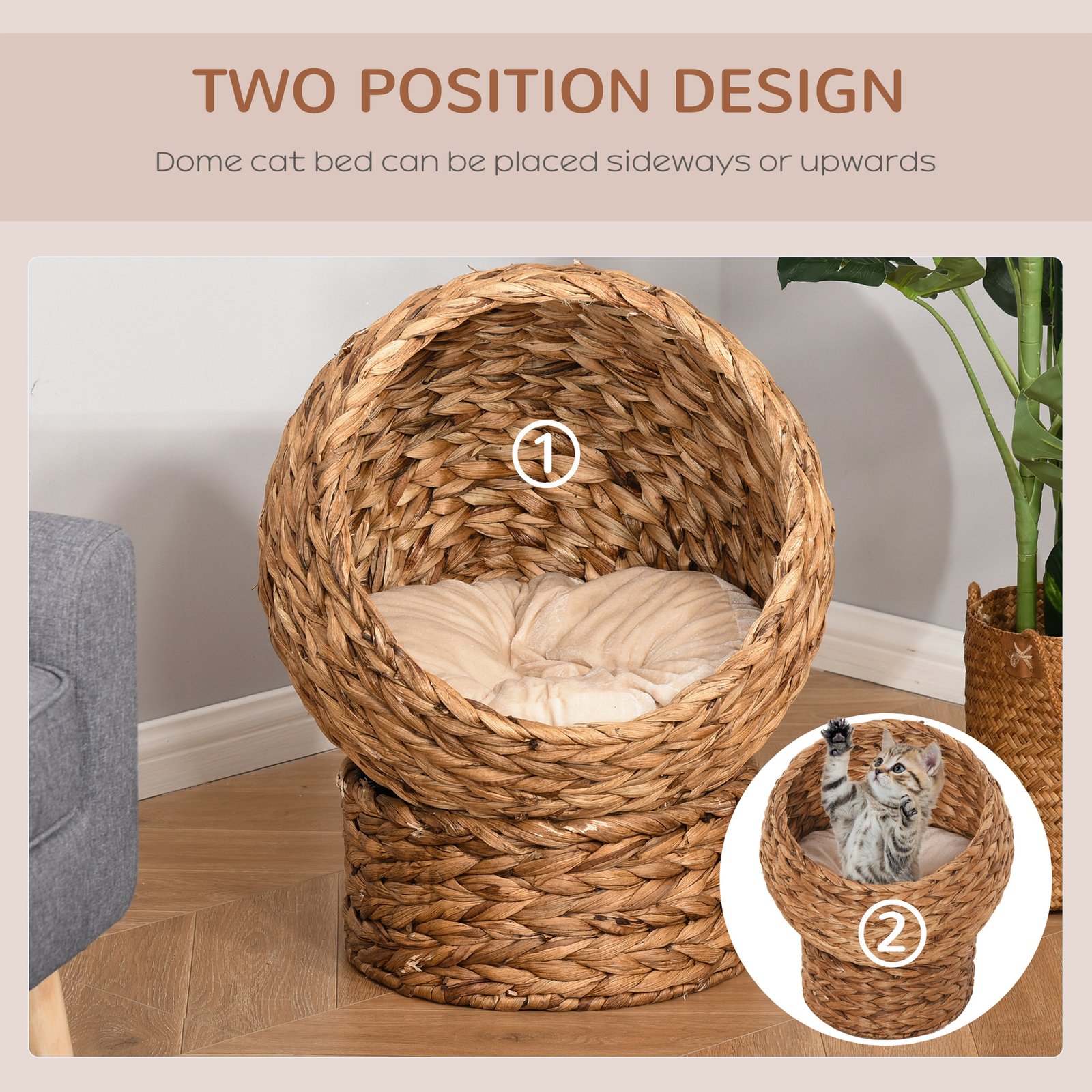 Wicker Cat Bed, Raised Rattan Cat Basket with Cylindrical Base, Soft Washable Cushion, 40 x 37 x 51 cm - Brown - Image 6