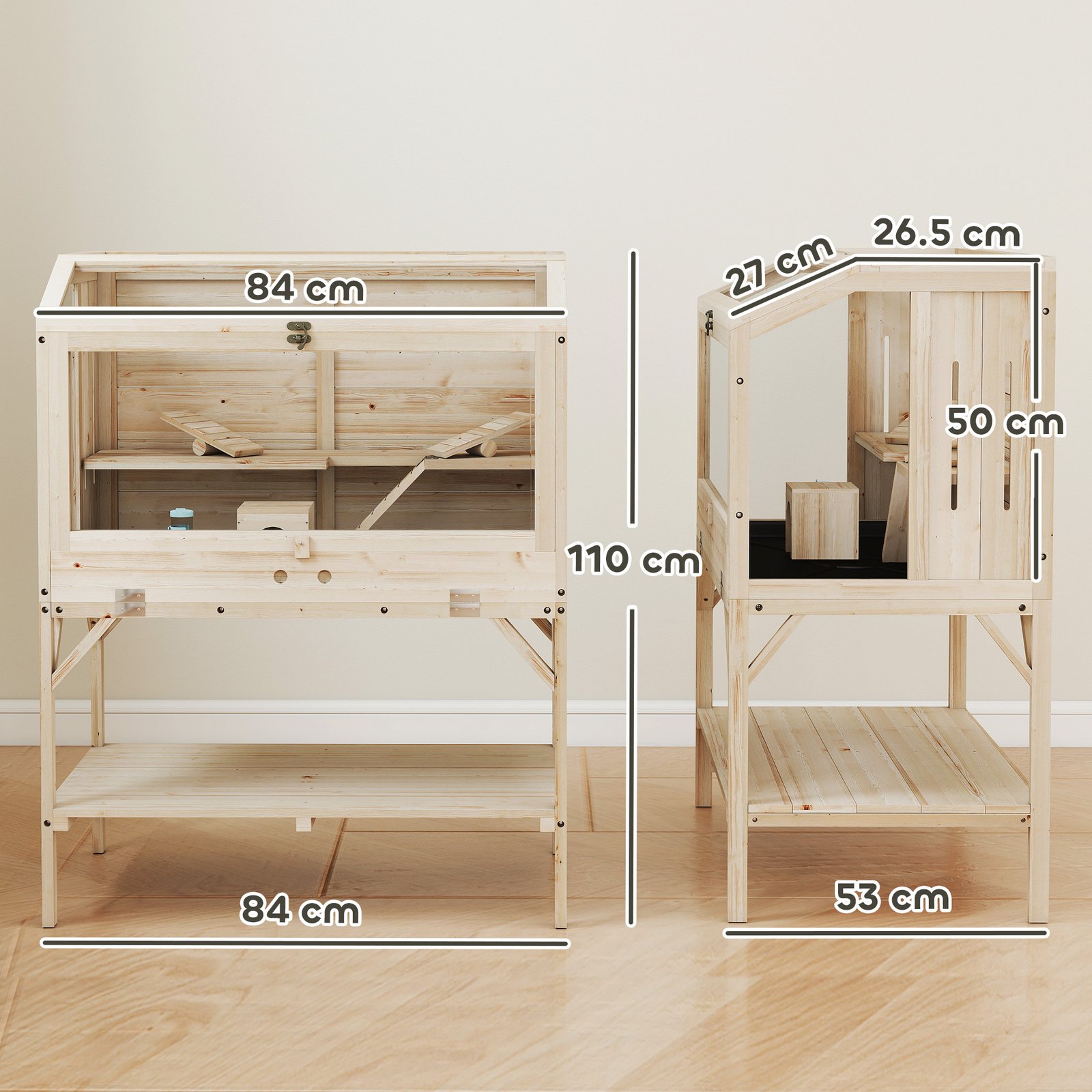 2 Tier Wooden Hamster Cage with Shelf and Openable Top