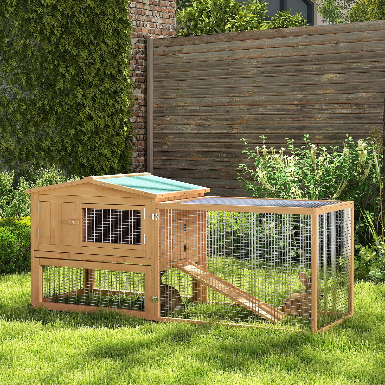 Wooden Rabbit Hutch Guinea Pig hutch House 2 Tier with Rabbit Run for Outdoor Garden Backyard, 85 x 24 x 57cm - Image 9