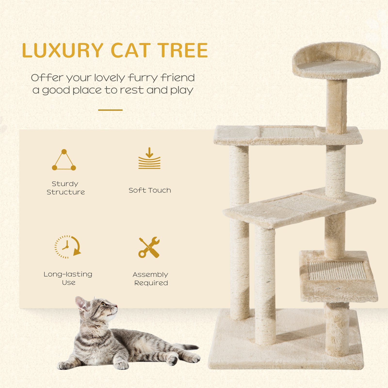 100 cm Cat Tree for Indoor Cats Kitten Scratch Scratching Post Climbing Tower Activity Centre Beige