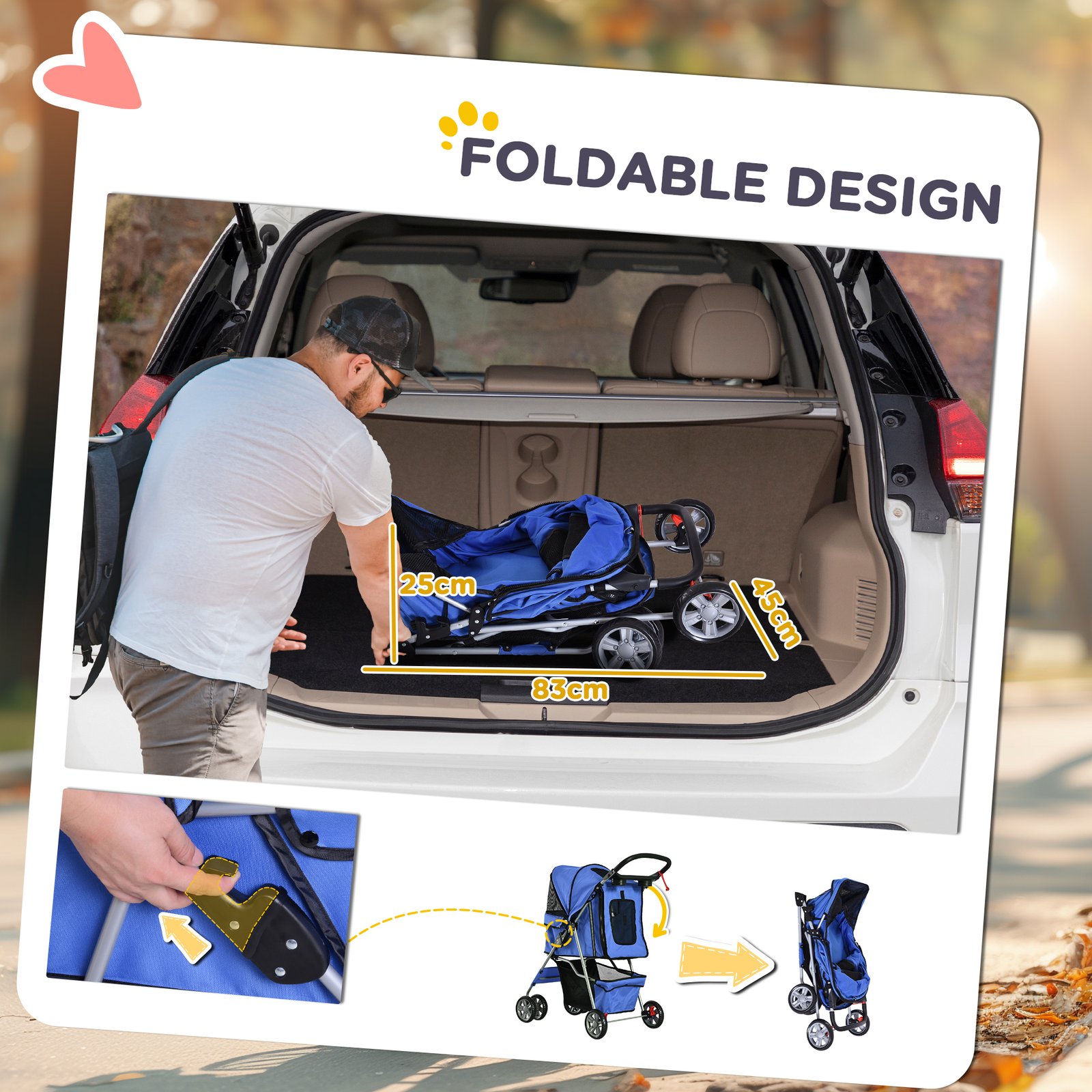 Pet Stroller for Small Miniature Dogs Cats Foldable Travel Carriage with Wheels Zipper Entry Cup Holder Storage Basket Blue - Image 5