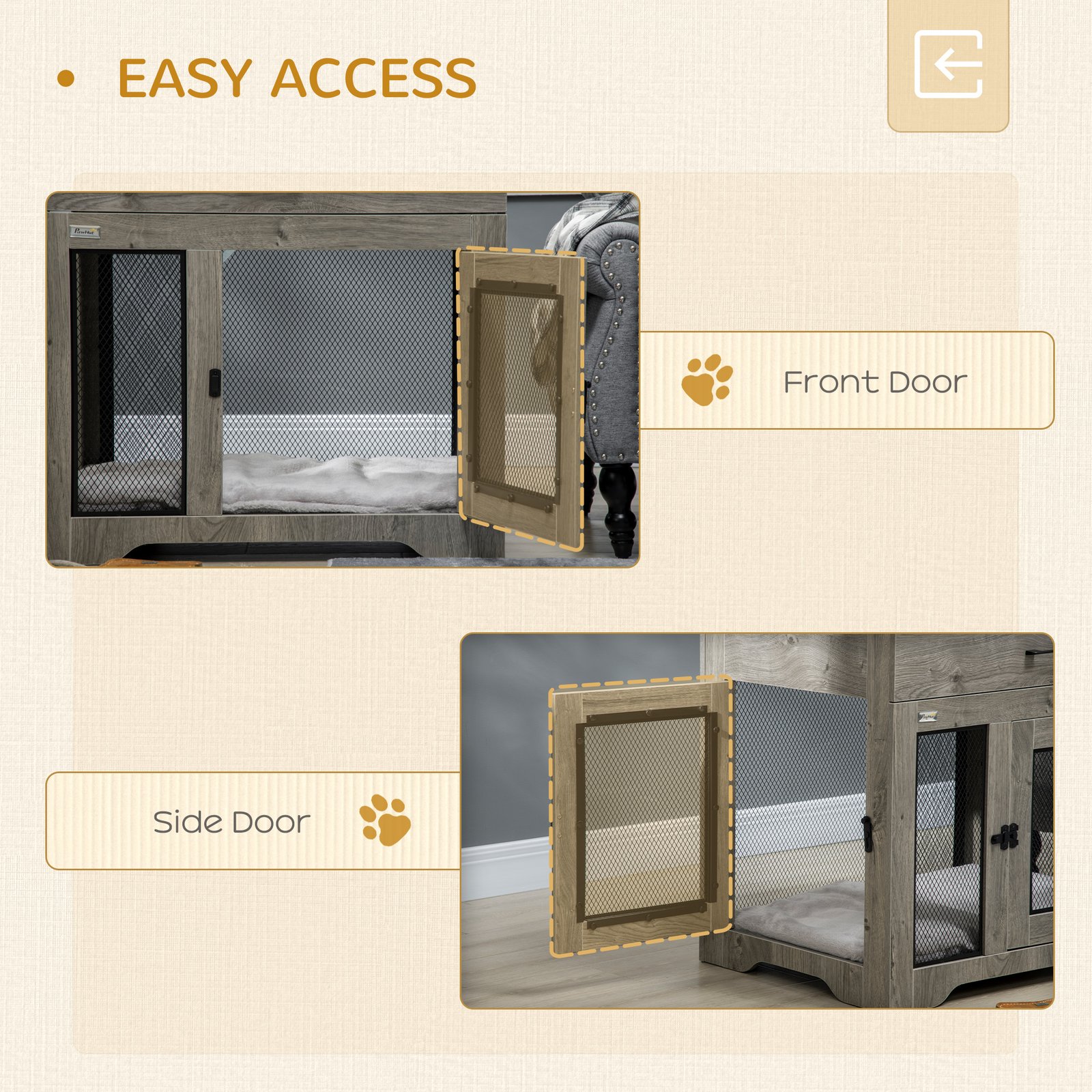 Dog Cage End Table with Two Doors, Drawer, for Medium Dogs - Grey - Image 5
