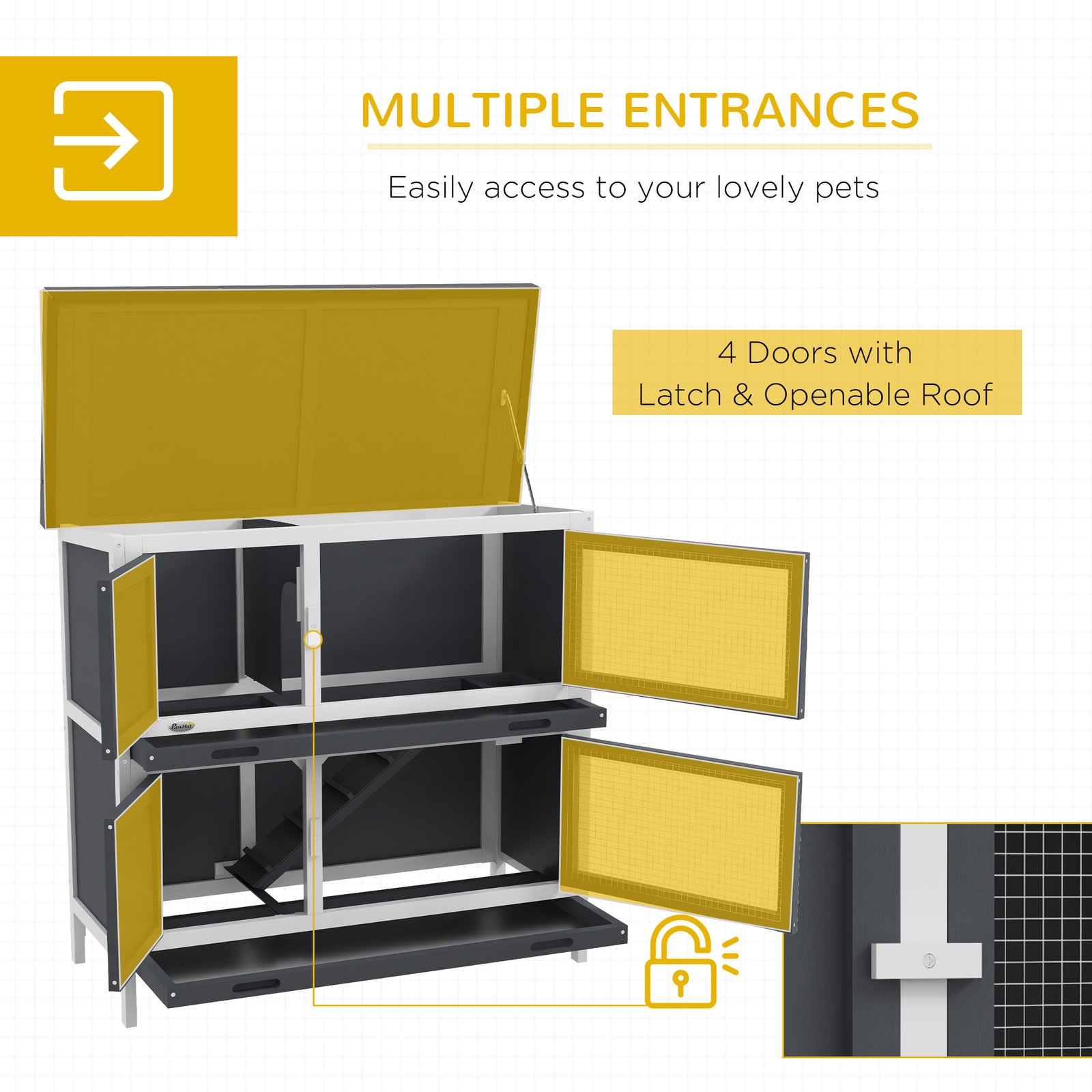 Double Decker Rabbit Hutch 2 Tier Guinea Pig House Pet Cage Outdoor with Sliding-out Tray, 100 x 47 x 91cm, Grey - Image 4
