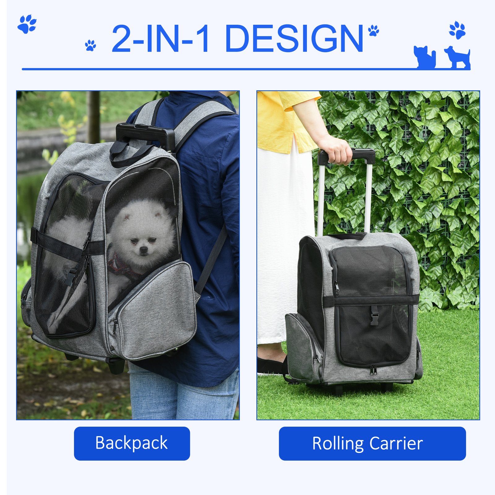 2 in 1 Dog Backpack and Trolley, Pet Travel Backpack Cat Dog Carrier with Telescopic Handle, Portable Pet Stroller Wheel Luggage Bag (Grey)