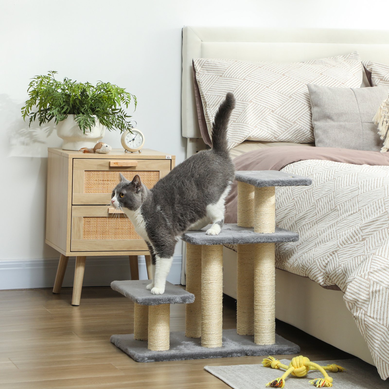 Dog Steps for Bed, 3 Step Adjustable Pet Stairs for Sofa with 6 Sisal Scratching Posts for Small Dogs & Cats, Grey