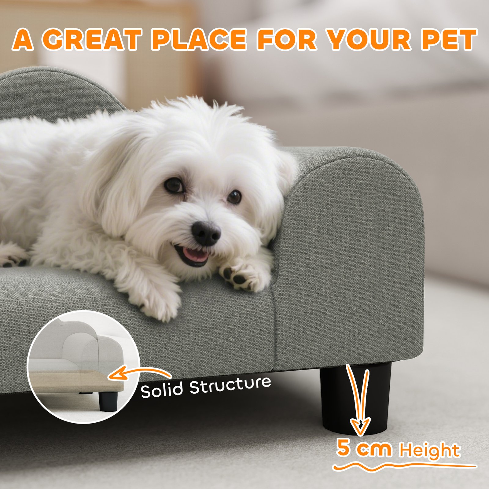 Elevated Dog Sofa Bed, Breathable Pet Sofa with Backrest and Armrest for Small Dogs, Grey