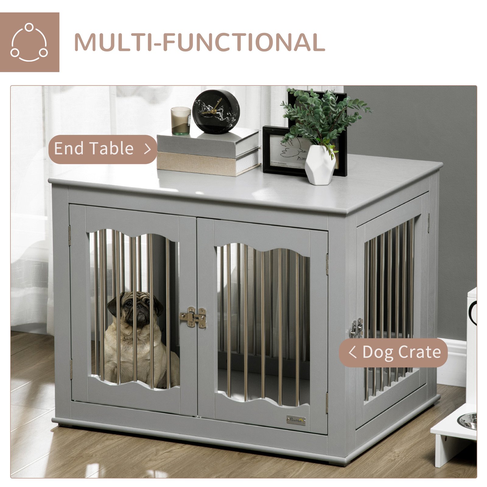 Dog Crate End Table Furniture Style Dog Cage w/ Three Doors, Locks and Latches - Grey