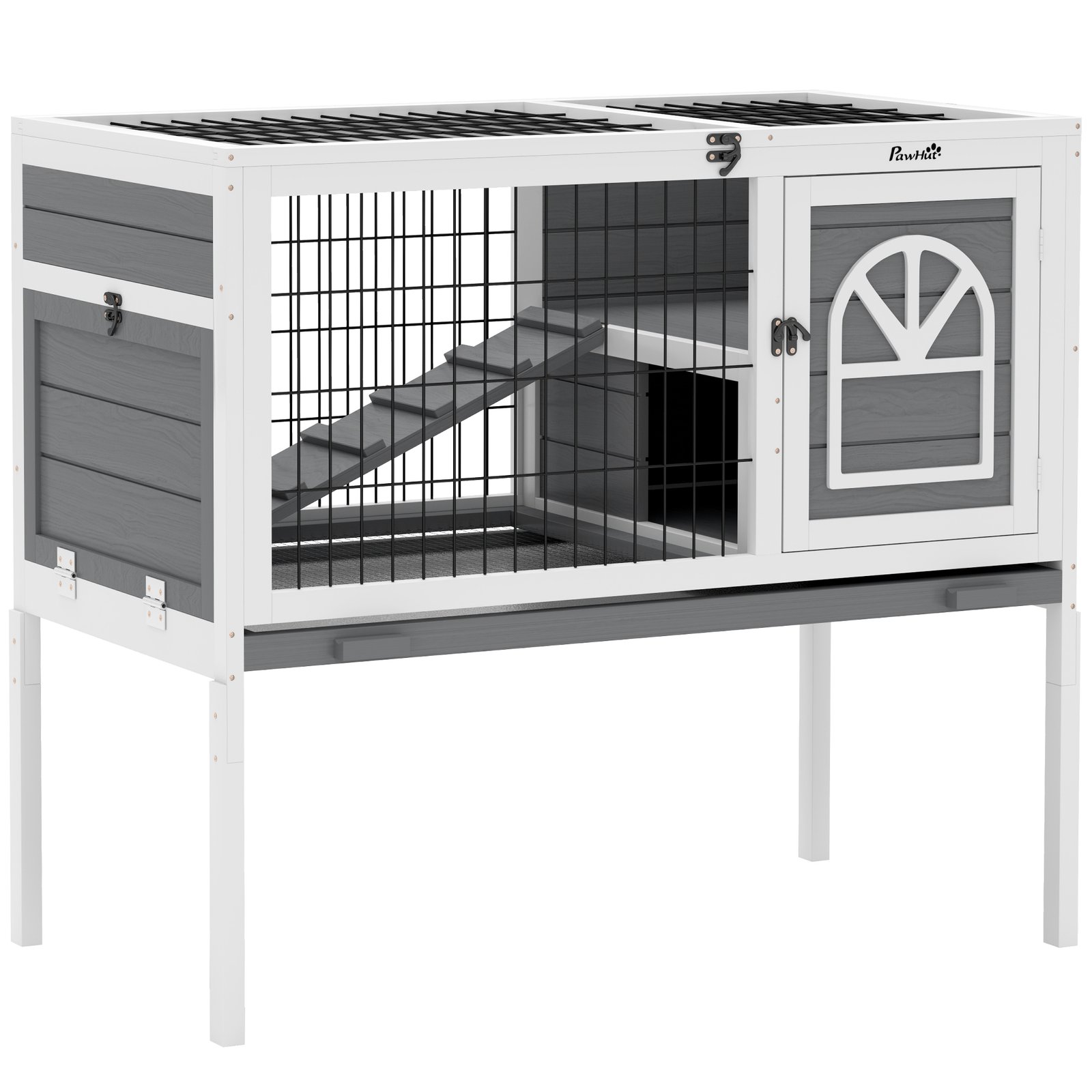 Wooden Rabbit Hutch, Guinea Pig Cage, with Removable Tray, Openable Roof, Grey