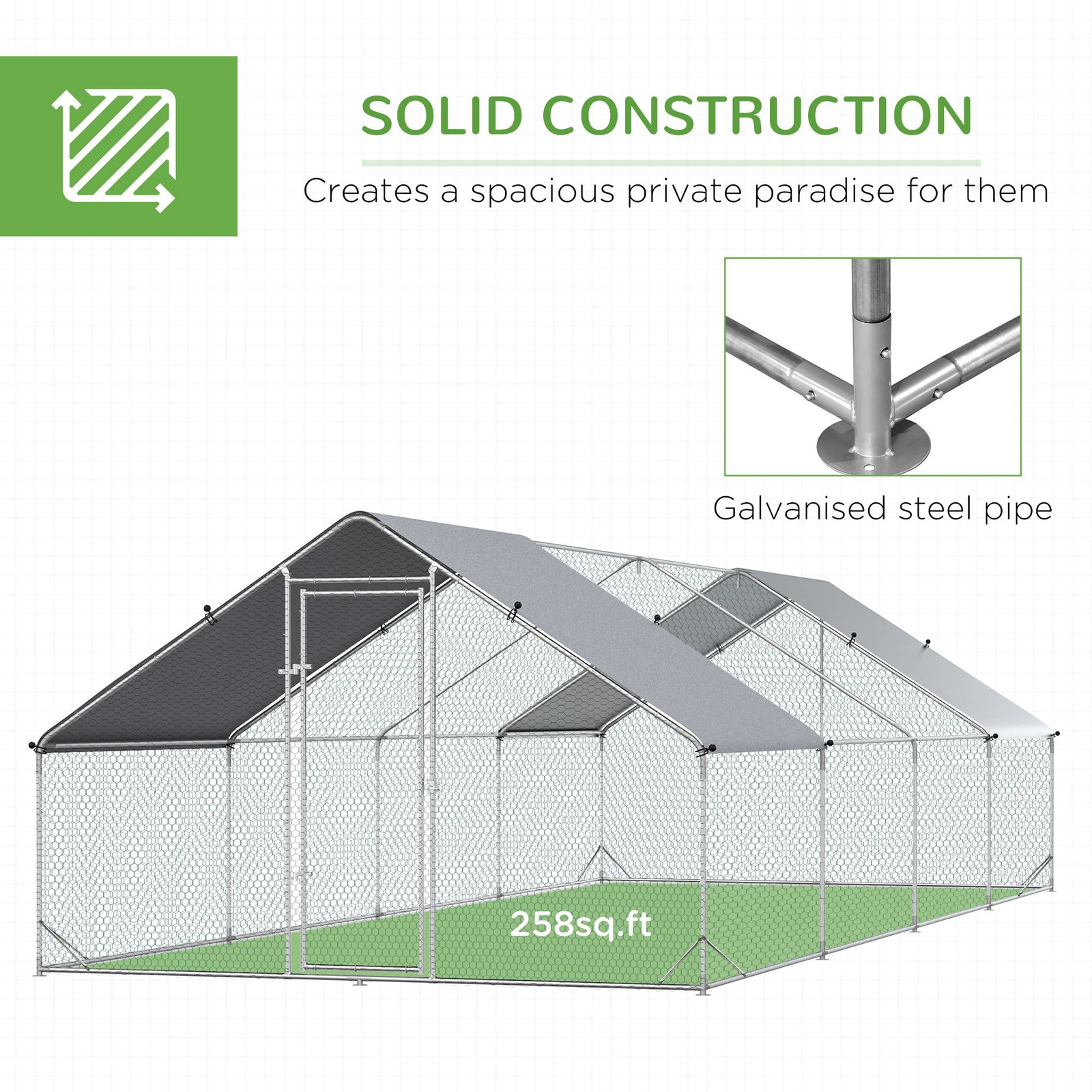 Chicken Run Galvanised Walk-in Chicken Coop Hen Poultry House Cage Rabbit Hutch with Weather-Resist Cover, 3 x 8 x 2m