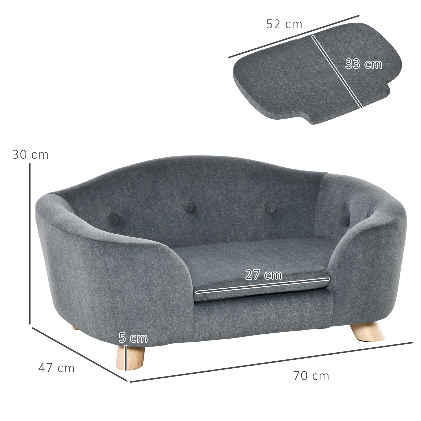 Dog Sofa Bed Pet Chair Couch with Water Resistant Fabric, Kitten Lounge with Soft Cushion, Wooden Frame for Mini Size Dogs - Grey