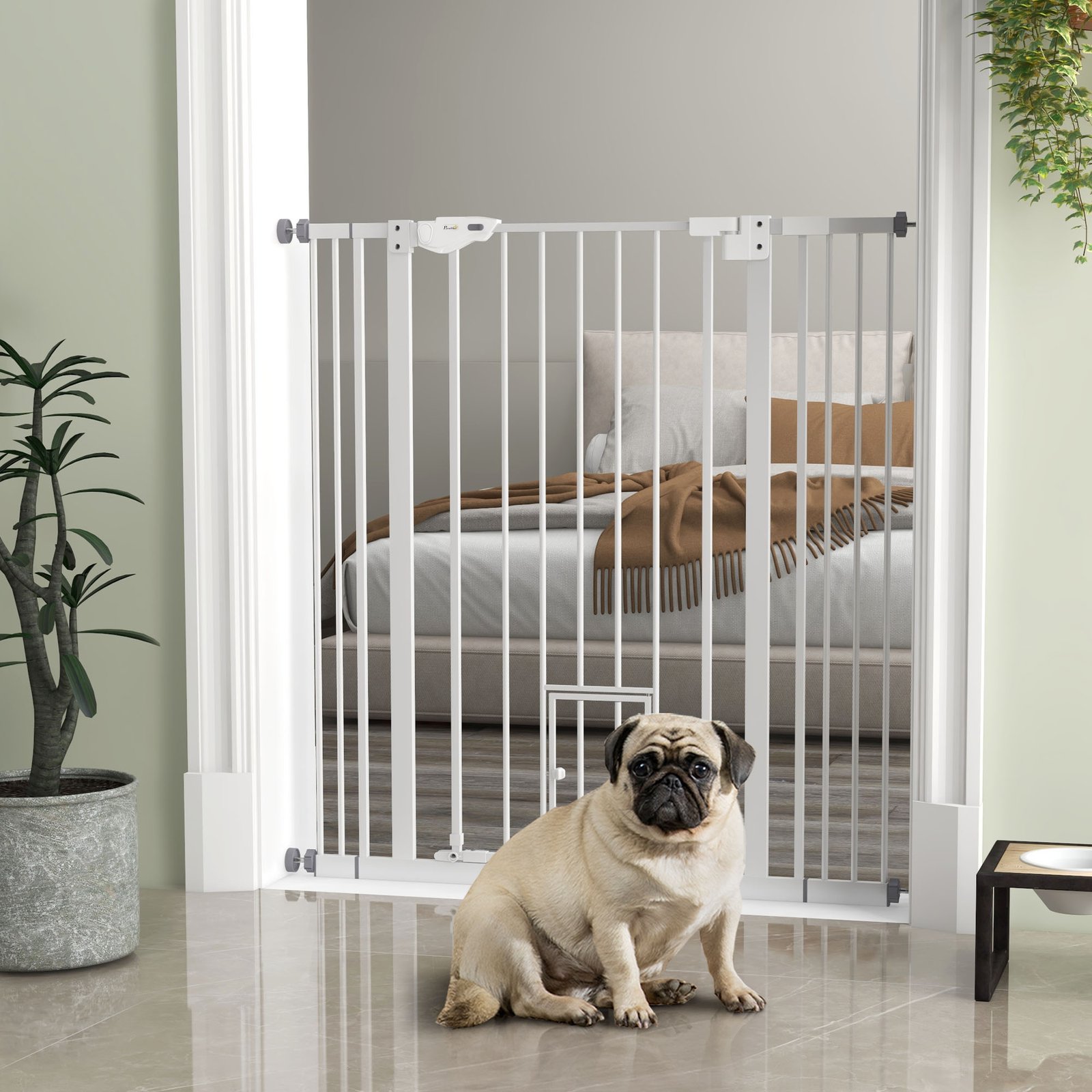 Extra Tall Pet Gate, Indoor Dog Safety Gate, with Cat Flap, Auto Close, 74-101cm Wide - White - Image 9