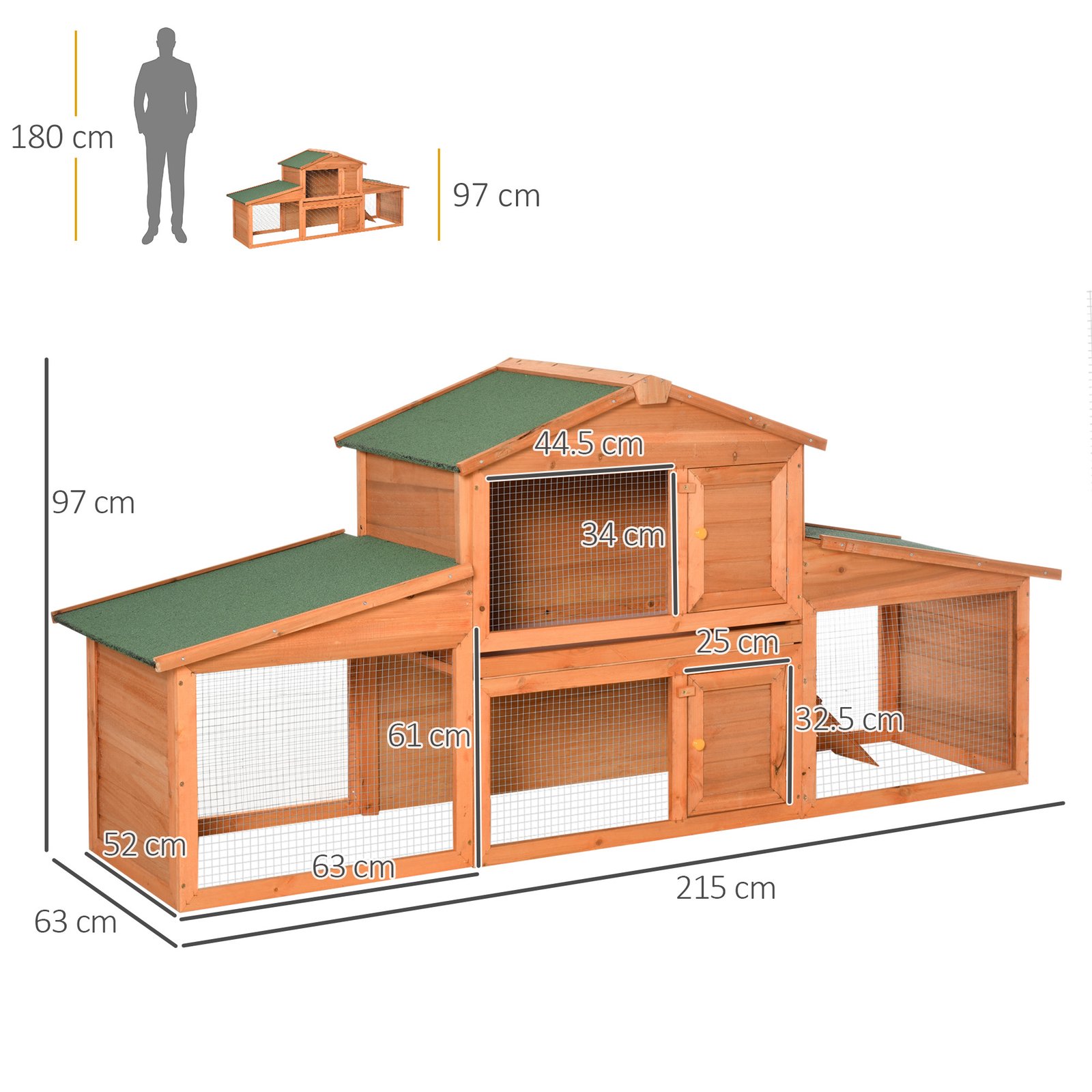 Large Rabbit Hutch Outdoor, Guinea Pig Hutch, Wooden Small Animal House, with Rabbit Run, 215 x 63 x 97 cm