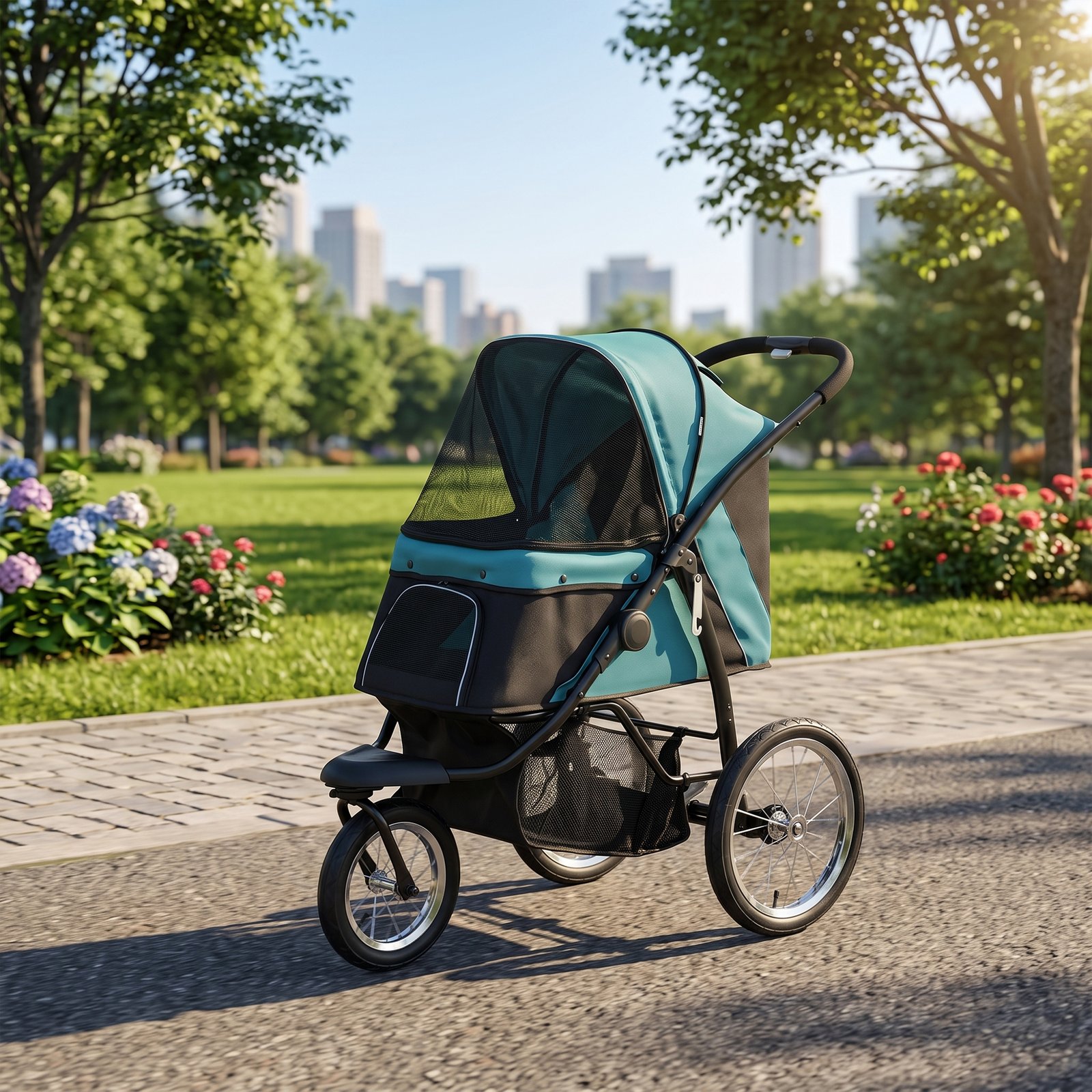 Foldable Pet Stroller Jogger, with Three Wheels, Canopy, for Medium and Small Dogs, Green
