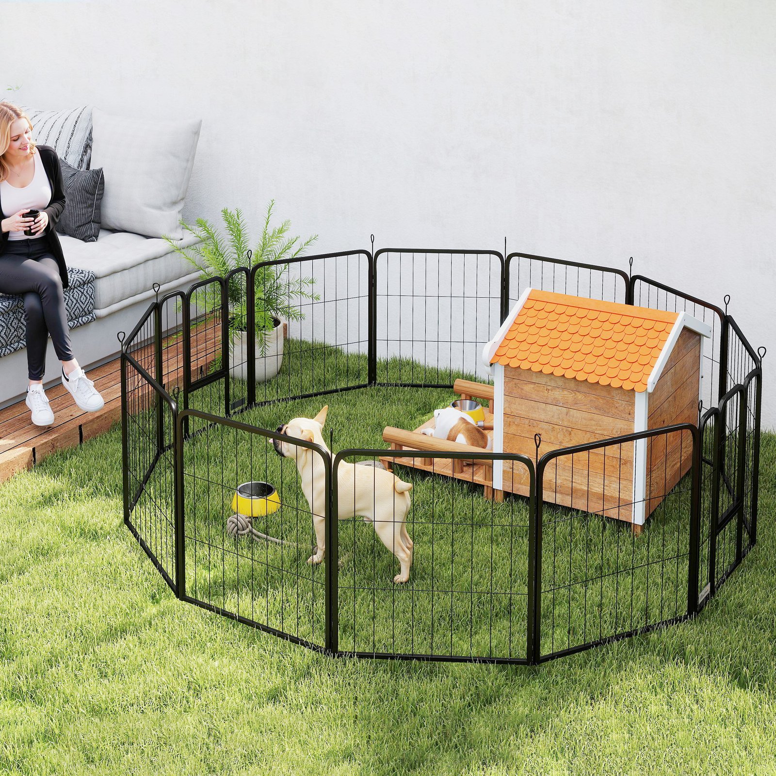 12-Panel Solid Dog Playpen with Doors, for Medium Dogs, 80cm High, Black - Image 8
