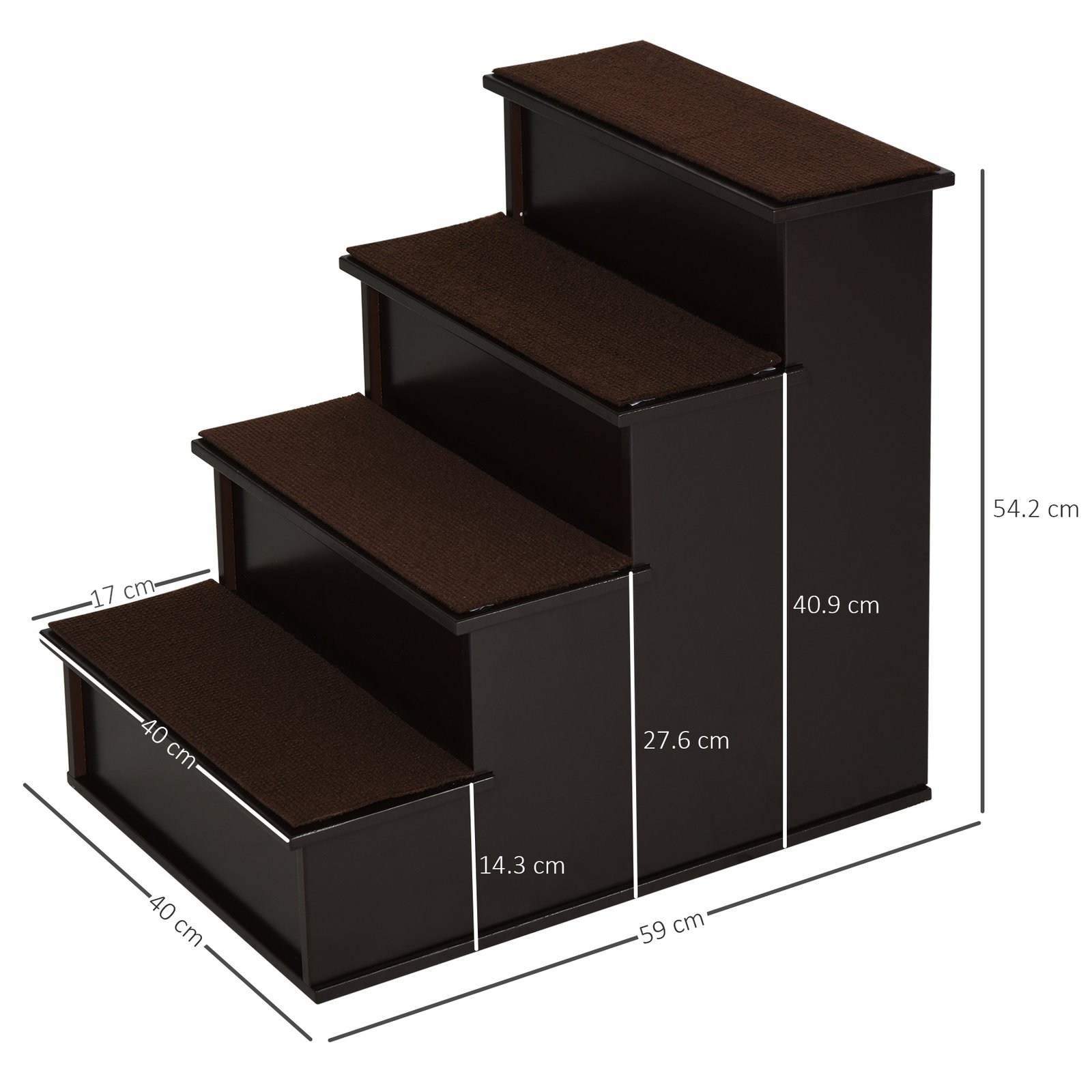 4 Step Dog Steps for Bed, Wooden Dog Steps for Sofa, Pet Stairs for Bed Couch with Non-Slip Carpet for Cats and Puppies, 40 x 59 x 54.2 cm, Dark brown