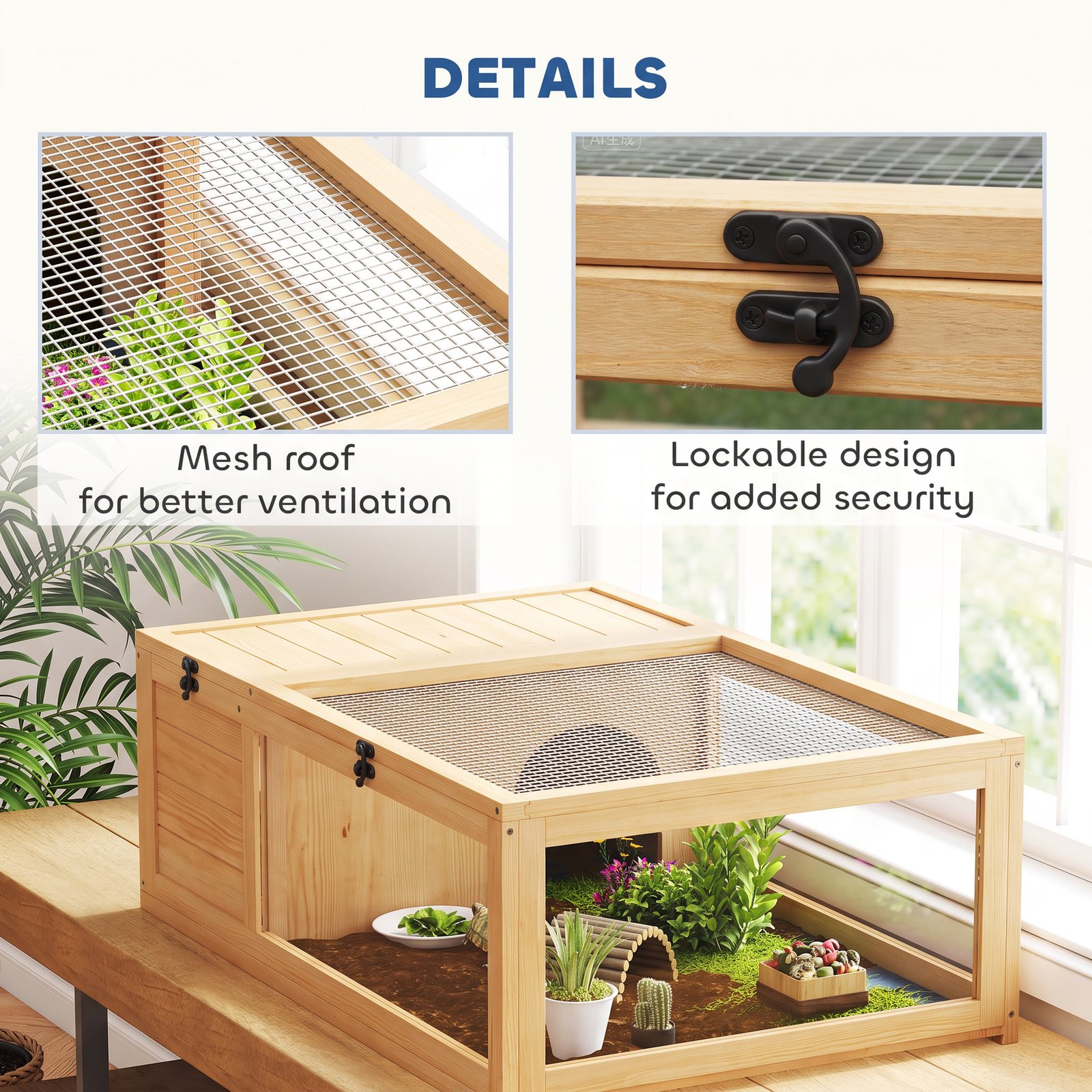 Tortoise House, Small Reptile Wooden House, with Mesh Roofs, Side Panels, for Turtles