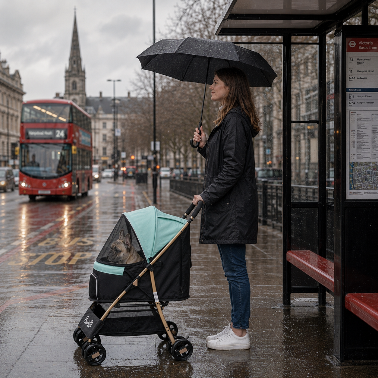 Pet Stroller for Small and Miniature Dogs, with Rain Cover - Green - Image 9