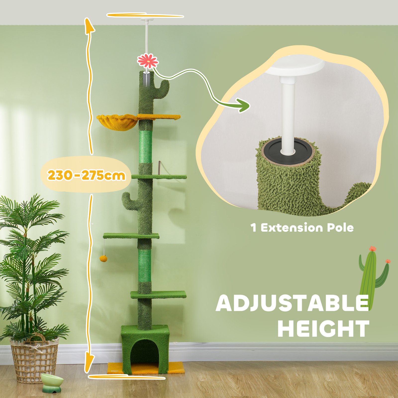 230-275cm Floor-to-Ceiling Adjustable Cat Tree with Scratching Posts, Hammock - Image 4