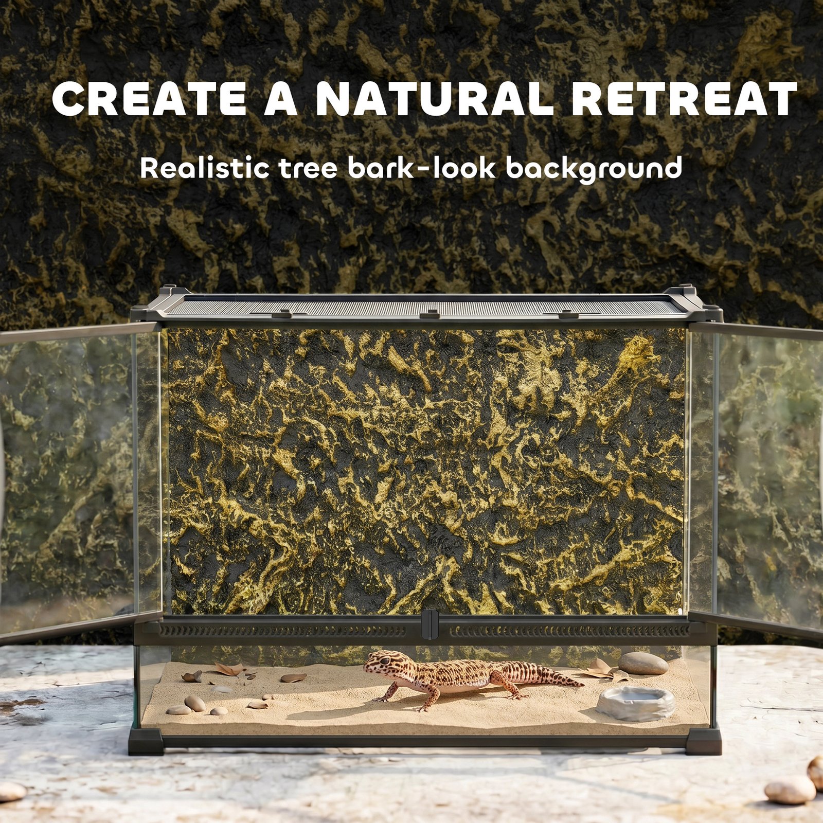 Reptile Glass Terrarium with Stone Background, Front Ventilation, Escape-Proof Knob Lock, 50 x 30 x 35 cm, Black - Image 5