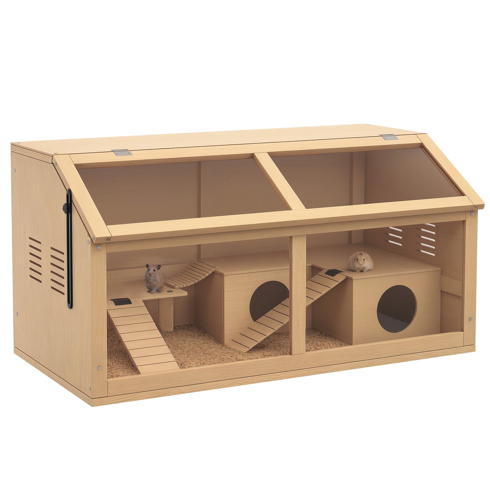 Hamster Cage, Wooden Small Animal Cage for Gerbils, Mice w/ Suspension Bridge, Openable Top, Hut, 85 x 45 x 44cm Nature