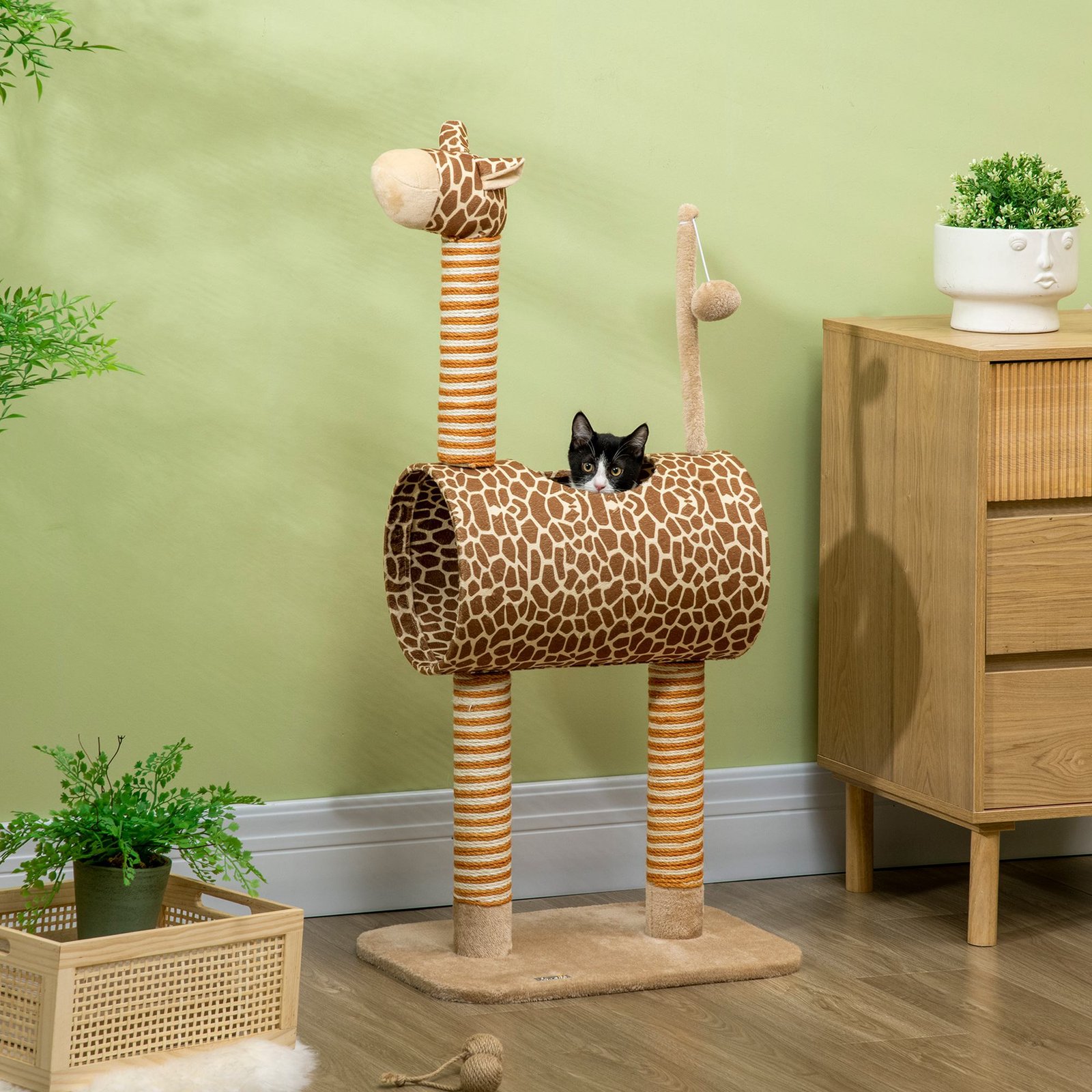 Giraffe-Designed Cat Tree, with Scratching Posts, Cat Tunnel, Toy Ball - Beige - Image 9